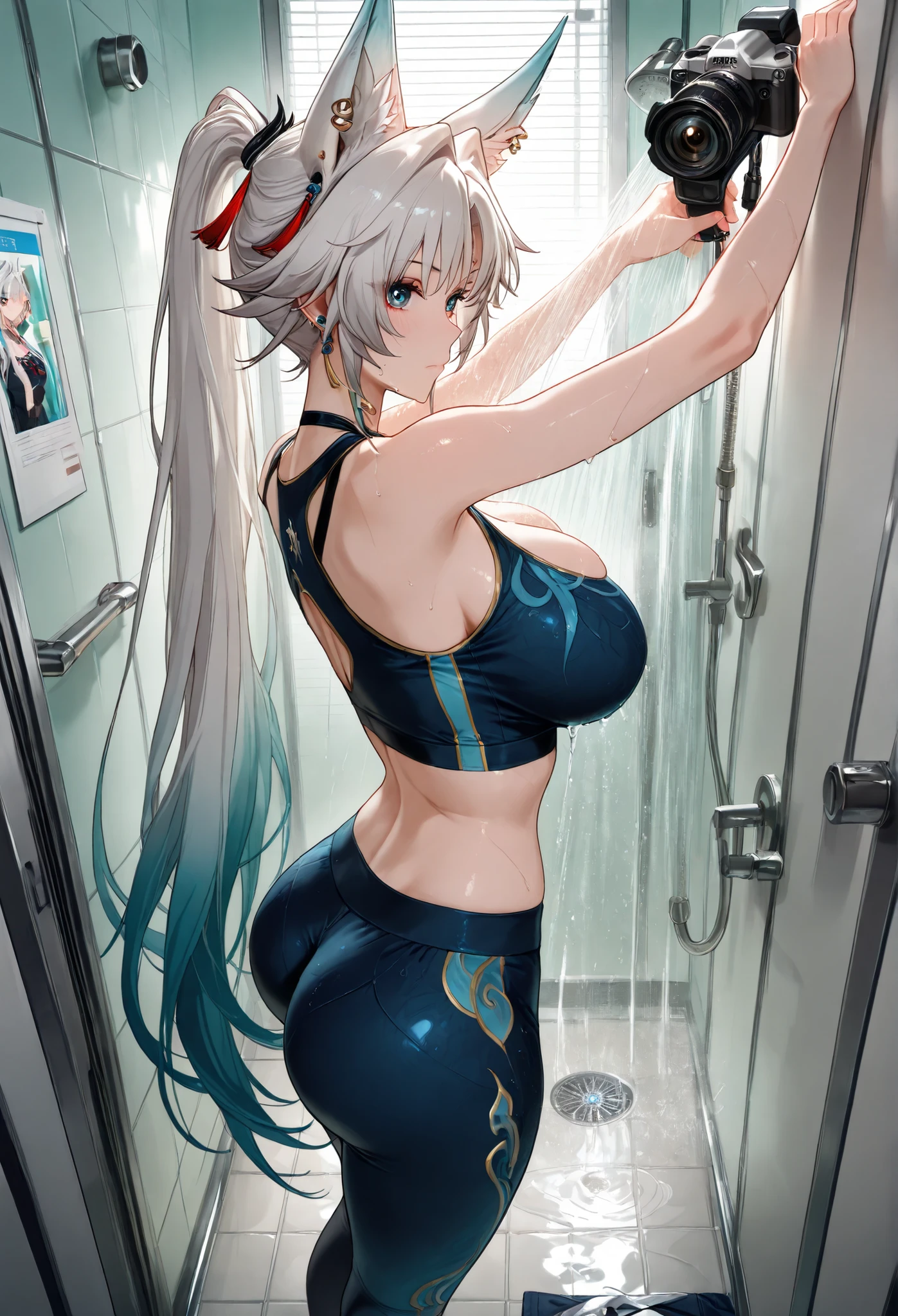 Feixiao, big breasts , double ear piercing , erotic facial expression , soft light, bright light, bathroom, full frame , Leggings, feature film , mouth shut , big ass , pretty face, beautiful fingers , of perfect reproduction The camera , high resolution, masterpiece , sports top , transparent shower enclosure , sports top is leaning against the wall of the shower cubicle, vista frontal, Perfectly reproduced unprocessed clothing