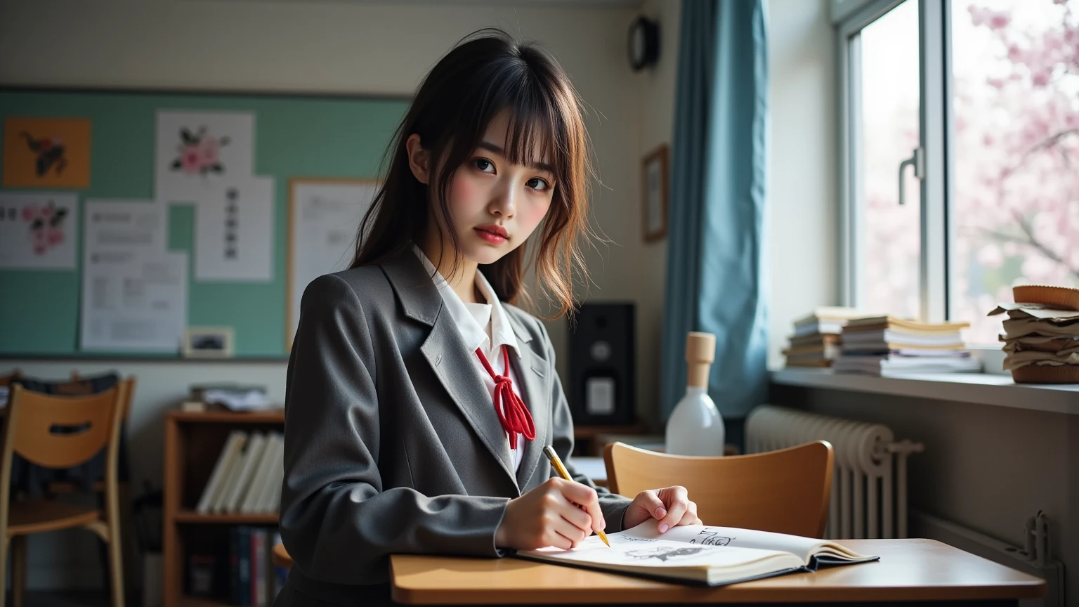ultra-realistic, photorealistic, dramatic scene, shadow, global-illumination, Japanese high school student girl, very beautiful fragile Japanese girl, boyish cool face with sporty atmosphere, slight smile, (very large breasts), slim waist, (wearing a gray colored Japanese high school cute uniform of white shirt with blazer and skirt, red ribbon), (very large breasts), (she is taking a science class, She is drawing a large cat on her science notebook), there are cherry blossoms in full bloom outside, window, curtain, Cluttered and disorganized classrooms
