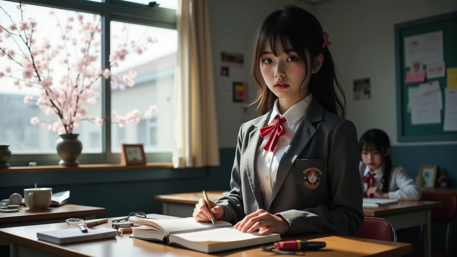 ultra-realistic, photorealistic, dramatic scene, shadow, global-illumination, Japanese high school student girl, very beautiful fragile Japanese girl, boyish cool face with sporty atmosphere, slight smile, (very large breasts), slim waist, (wearing a gray colored Japanese high school cute uniform of white shirt with blazer and skirt, red ribbon), (very large breasts), (she is taking a science class, She is drawing a large cat on her science notebook), there are cherry blossoms in full bloom outside, window, curtain, Cluttered and disorganized classrooms