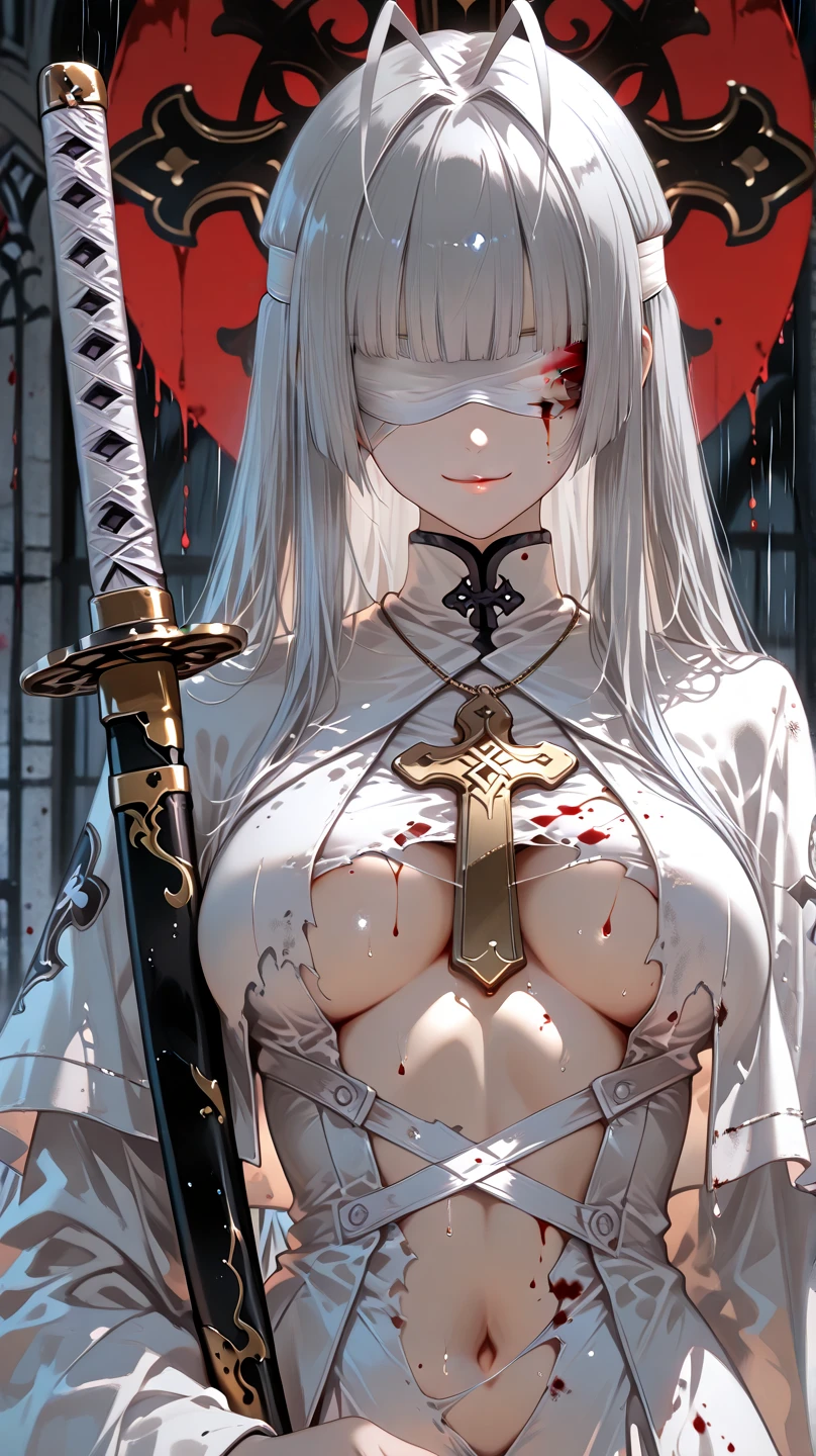 a full body portrait of a woman with white hair, wearing white dressing, (wearing bloody blindfold, blindfold covered eyes:1.35), in style of manga, beautiful character painting, detailed body, detailed hands, detailed face, white haired deity, epic exquisite manga character, stunning character art, artstation trending