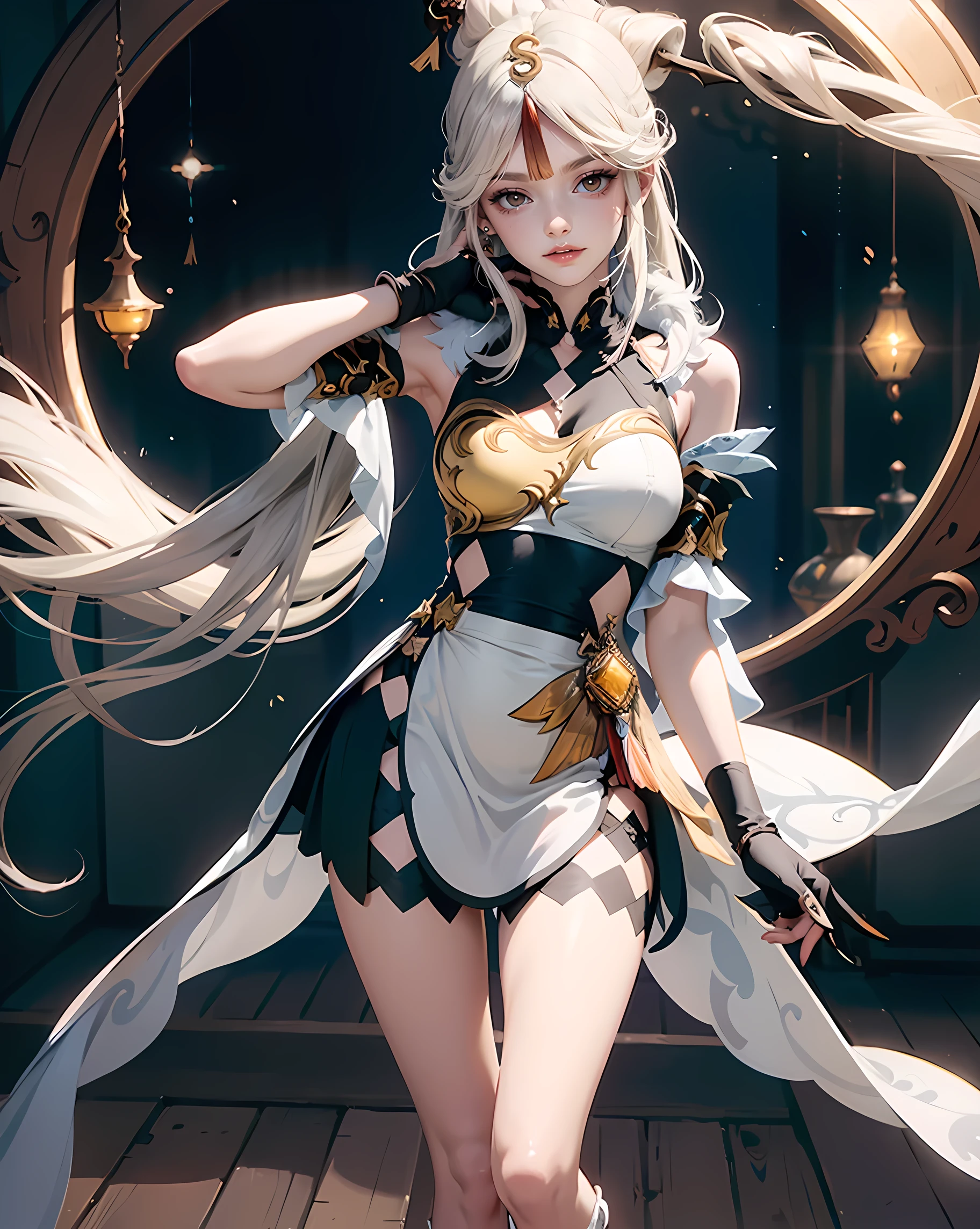 1girl, blonde hair, harness, white dress, solo, asymmetrical gloves, high socks, ponytail, puffed skirt, glow eyes, harness, maid dress, collarbone, garter on the legs, standing up, white apron, maid dress, maid, streaked hair, thigh gap, harness, very long hair, solid background, maid uniform, full body, too many frills in her dress, magical girl, perfectly body, gold jewelry, harness, jewelry, Cute pose, beautiful ponytail, with big lips, puffed sleeves, glow eyes, long hair with long ponytail hair and bangs, perfect anatomy, perfect hands, white boots, boots, frills, harness, maid uniform, maid dress, maid uniform, maid apron, garter on the legs, small skirt, lux dress, gold jewelry, solid background, best quality, blushing, maid uniform, maid headdress, maid dress with too many frills, ponytail, short skirt, sparkle, harness, centered girls, standing up, full body, glowing hair, magical girl, sparkles, more details on her clothes, golden details on her dress, harness, maid uniform
