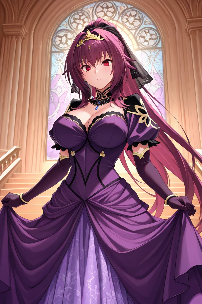 best quality, masterpiece, highres, solo, {scathach_fgo:1.15}, long_hair, purple_hair, red_eyes, breasts, large_breasts, bangs, hair_between_eyes, hair_intakes, 1girl, flower, hair_flower, hair_ornament, bare_shoulders, gloves, purple_gloves, cleavage, dress, elbow_gloves, looking_at_viewer, purple_dress, jewelry, necklace, tiara, collarbone
