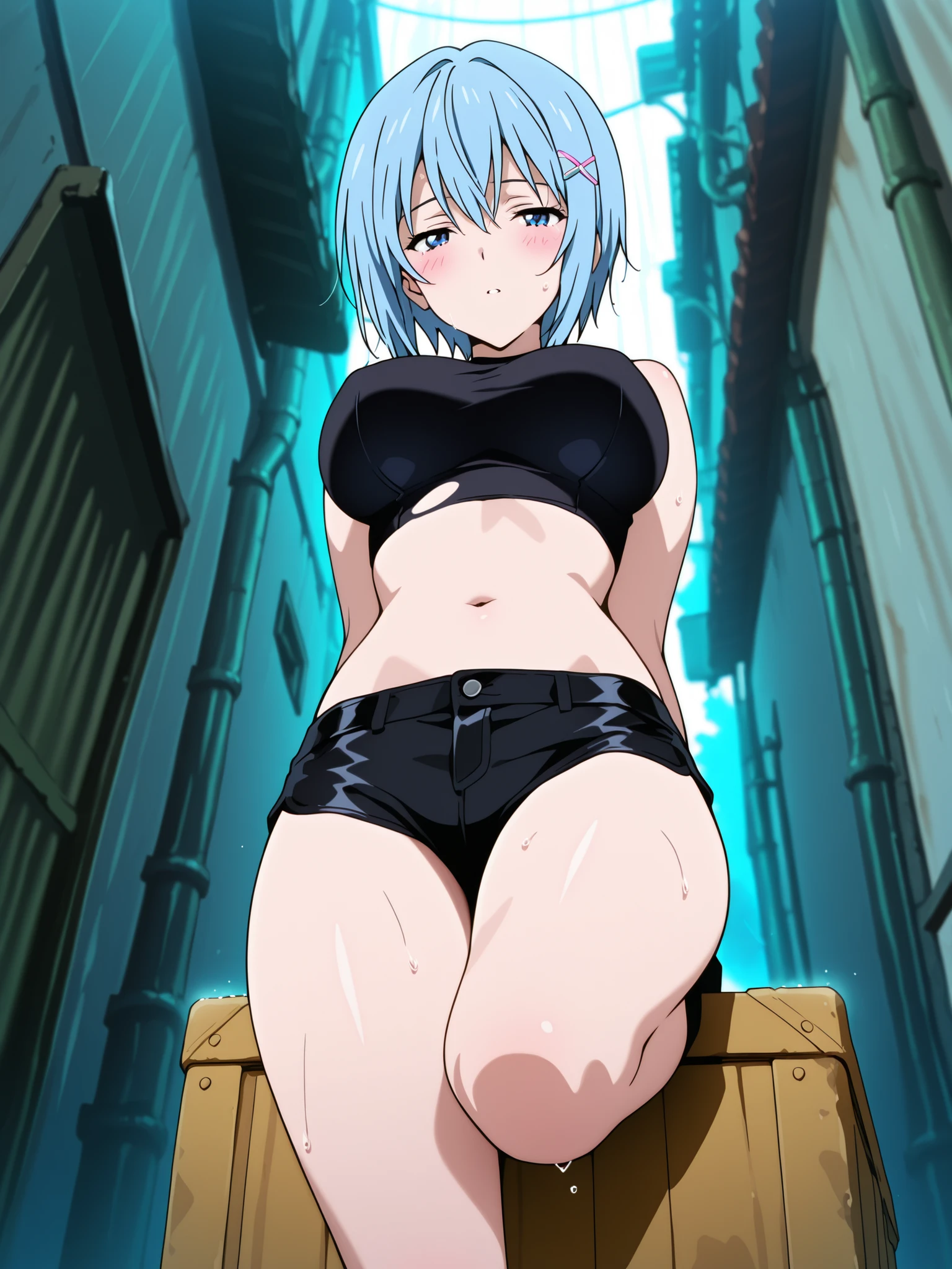 Close-up shots of sexy parts. Glamorous skin, Delicate, Wet skin feel, Busty elements, Sweat drops, Very delicate depiction of hair, Large breasts, Dynamic poses. Breasts, (masterpiece, top quality), very beautiful, Absurd, highly detailed CG unity 8K wallpaper, Spanish illustration, (glamorous look), anime style 4k,, anime moe art style, anime art wallpaper 4K, high quality anime art style,CUTE ANIME GIRL, depth of field, perfect hands, nice, familiar with digital animation art, anime art wallpaper 8k,,, 5_ others, 4_ others, 1_ parents also viewed, Face in love, blush, half closed eyes,
綾波レイ (新世紀エヴァンゲリオン)
Prompt:
Rei sprawls on a cushioned crate in a rain-soaked neon alley, her curvaceous frame illuminated by flickering signs. She wears a torn black crop top and micro-shorts, the fabric clinging to her enormous breasts, captured in a close-up shot. Her blue hair is wet, with glowing cybernetic hairpins catching the light. She leans back on her elbows, one leg bent and the other stretched, her creamy thighs revealing her sexy navel in a tight close-up. Her expression is stoic yet faintly aroused, with a soft blush and parted lips. The low-angle shot from the alley floor emphasizes her mysterious sensuality, with reflections of neon on her skin.