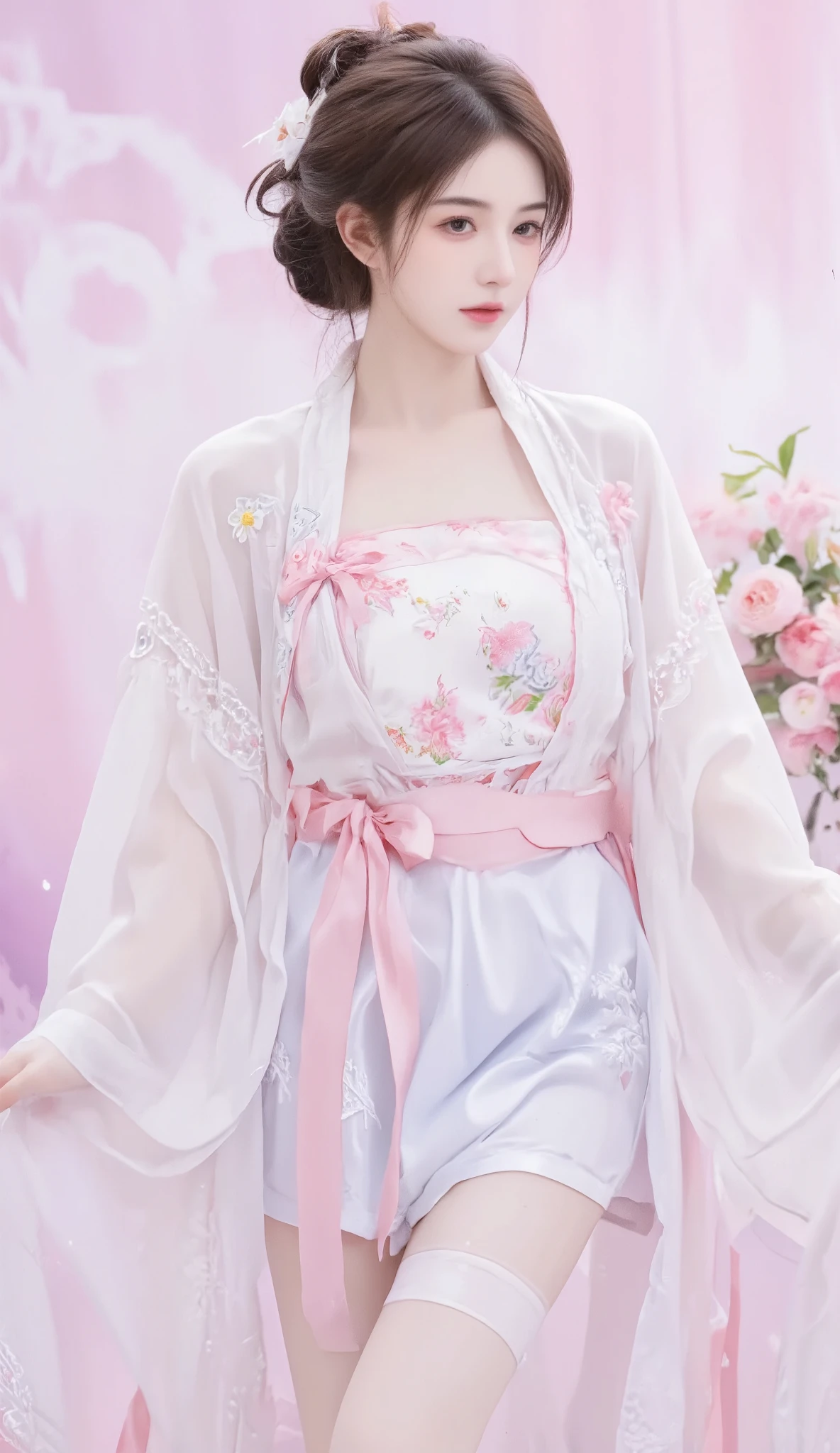 robe, 1 girl, [[bow, eyes, flower, Ribbon, Chest, 白色 Chinese clothing , Chinese clothing , skirt, flower, Gradient , Gradient background, embroidered ball flower, Watch the audience, small Chest, white pantyhose, Single, thigh 连裤袜