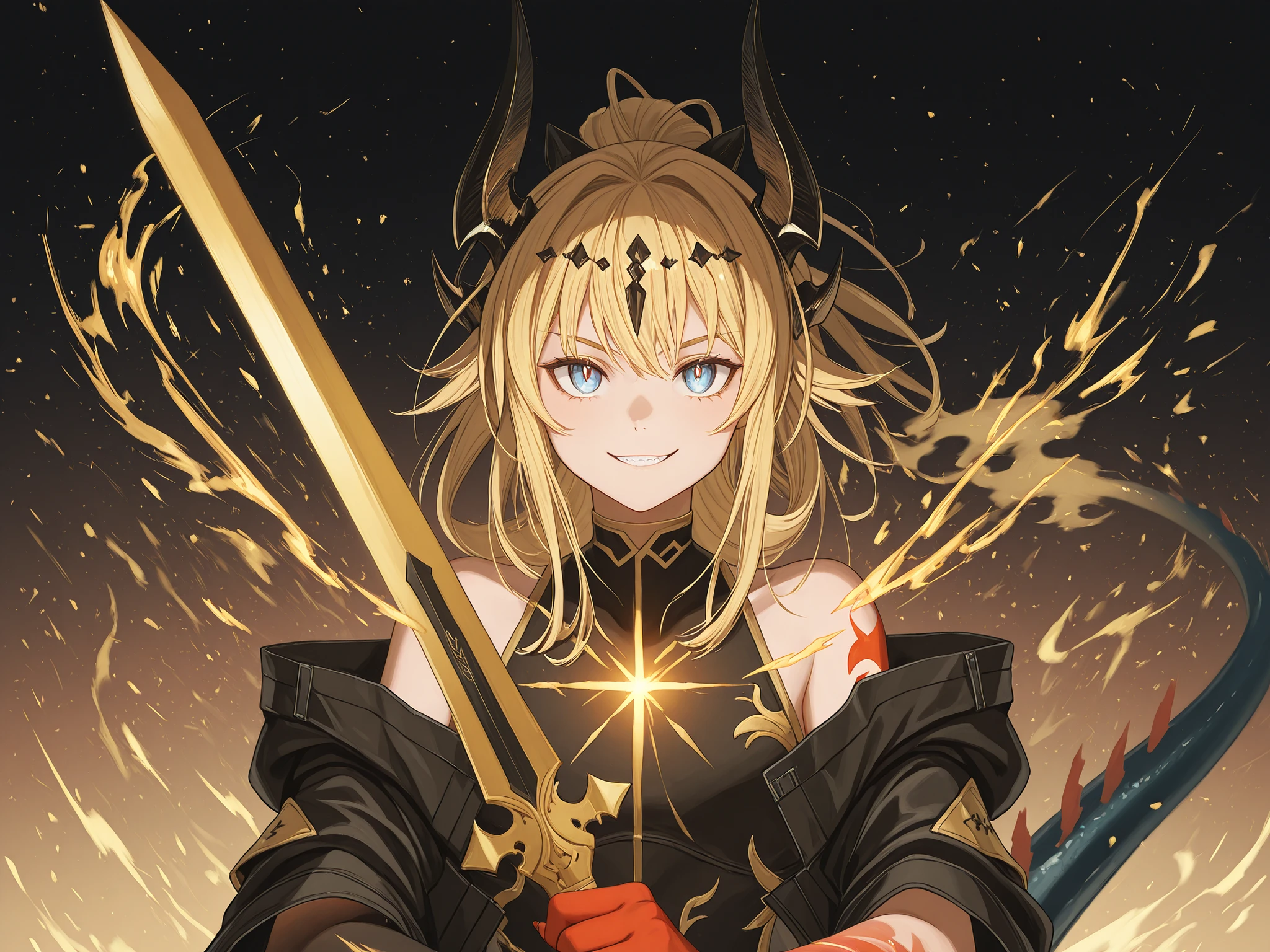 Solo, 1 , e baixo, small character , Short character , Short character , character 1 ,50 meters high, e baixo, Young character, personagem, corpo como o de Rimuru Tempest;
Cabelos Dorados, the character's hairstyle must be the same as Alice Zuberg's from "Sword Art Online", Long FRINGE, black horns like Reed, The Flame Shadow de "Arknights", corpo como o de Rimuru Tempest;
The character's face must be the same as Alice from "Sword Art Online", flashy blue eyes, provocative face, provocative smile , rosto jovem, perfect and beautiful;
Perfect Anatomy, the character's tail must be of a dragon and must be black (with a golden flame at the tip of his tail), black tail like Reed, The Flame Shadow de "Arknights", They must be black;
Nian-style colored arms from "Arknights" (but the arms and hands must be painted black with gold details), hands with claws, black arms , arms with gold details;
Black coat like Reed The Flame Shadow in "Arknights", roupa militar black with gold details, exposed arms, corpo baixo;
holding a sword (montante) black with gold details, gold ornaments on the sword, spear divine and beautiful, huge blade, futuristic sword, na outra mão ele deve estar criando uma chama dourada;
Fundo preto, striking pose, looking at the observer, black arms and hands with gold details;
flashy pose, exposed shoulders and head, close to face, looking at the character, looking at the observer, cara a cara, provocative smile , confiante, e baixo, Young character;