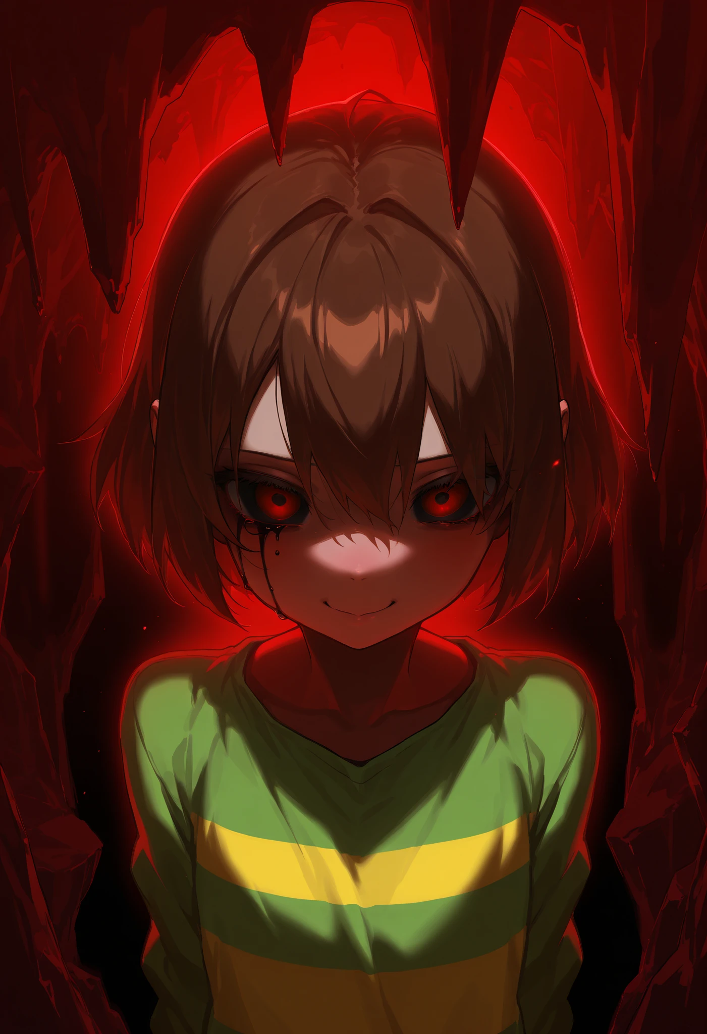 Wallpaper, solo (Black empty eyes, completely dark eyes:2.0, 1 red pupil:3.0, black smile), Shedding totally dark tears:2.0, (black background:5.0), Upper body, solo, front, (Full dark face:3.5, only eyes visible,close up face), (Focus on the face, Dark face:3.0, no lighting), (Red light in the back, red pupils standing out in the dark: 1.0), ((score 9, score 8, score 7, Best quality::2.5, artwork::2.5, Masterpiece::2.5, Anime traits:2.0, Beautiful features, good anatomy, anime realistic look, 8k Resolution, ultra delicate, Detailed illustration, beautiful details):1.0), Close up, rodecchi, detailed eyes, (chara undertale, Red eyes, Pink cheek , short brown hair, Green shirt with yellow stripe:1.2, Flat chest),