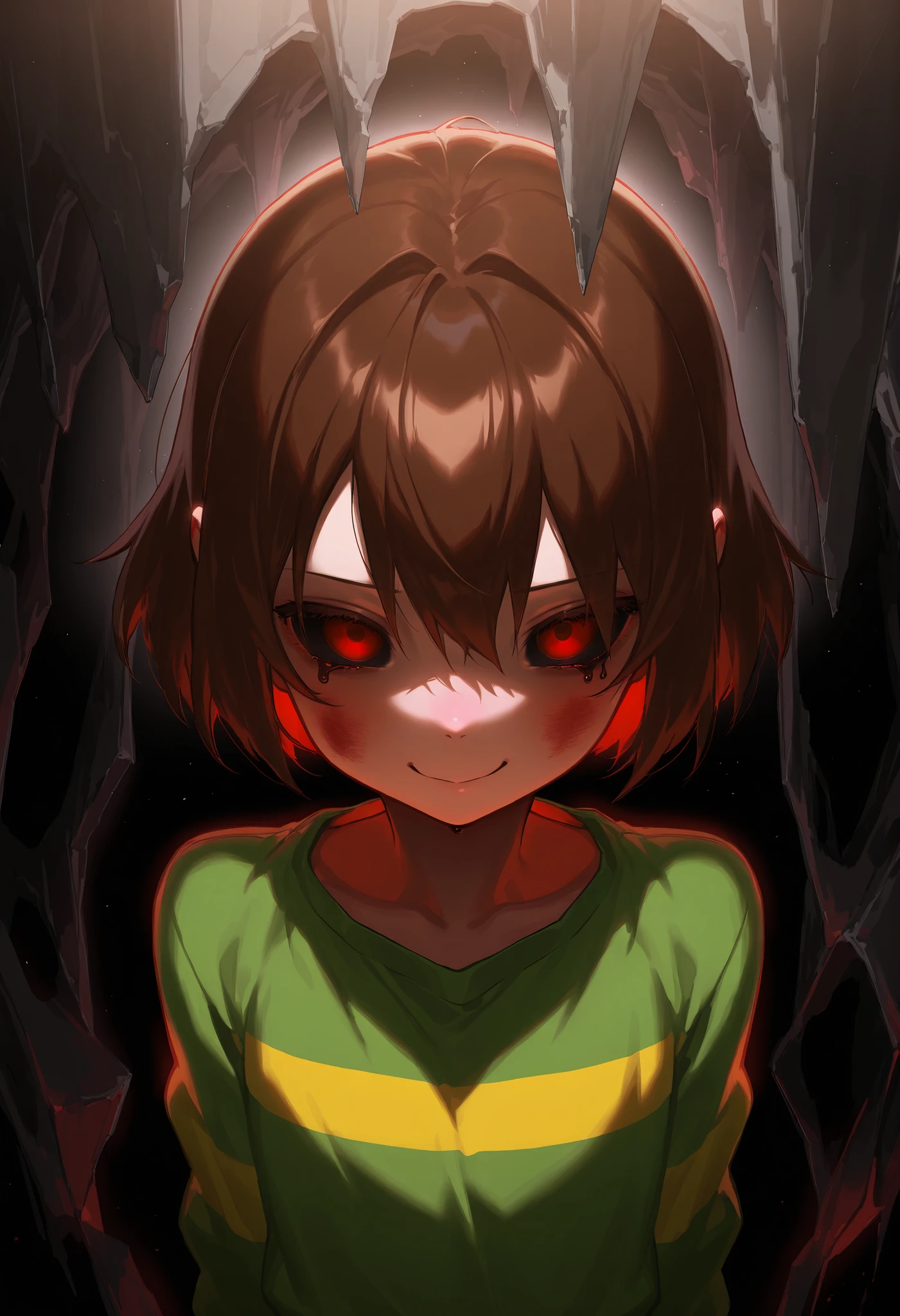 Wallpaper, solo (Black empty eyes, completely dark eyes:2.0, 1 red pupil:3.0, black smile), Shedding totally dark tears:2.0, (black background:5.0), Upper body, solo, front, (Full dark face:3.5, only eyes visible,close up face), (Focus on the face, Dark face:3.0, no lighting), (red pupils standing out in the dark: 1.0), ((score 9, score 8, score 7, Best quality::2.5, artwork::2.5, Masterpiece::2.5, Anime traits:2.0, Beautiful features, good anatomy, anime realistic look, 8k Resolution, ultra delicate, Detailed illustration, beautiful details):1.0), Close up, rodecchi, detailed eyes, (chara undertale, Red eyes, Pink cheek , short brown hair, Green shirt with yellow stripe:1.2, Flat chest),