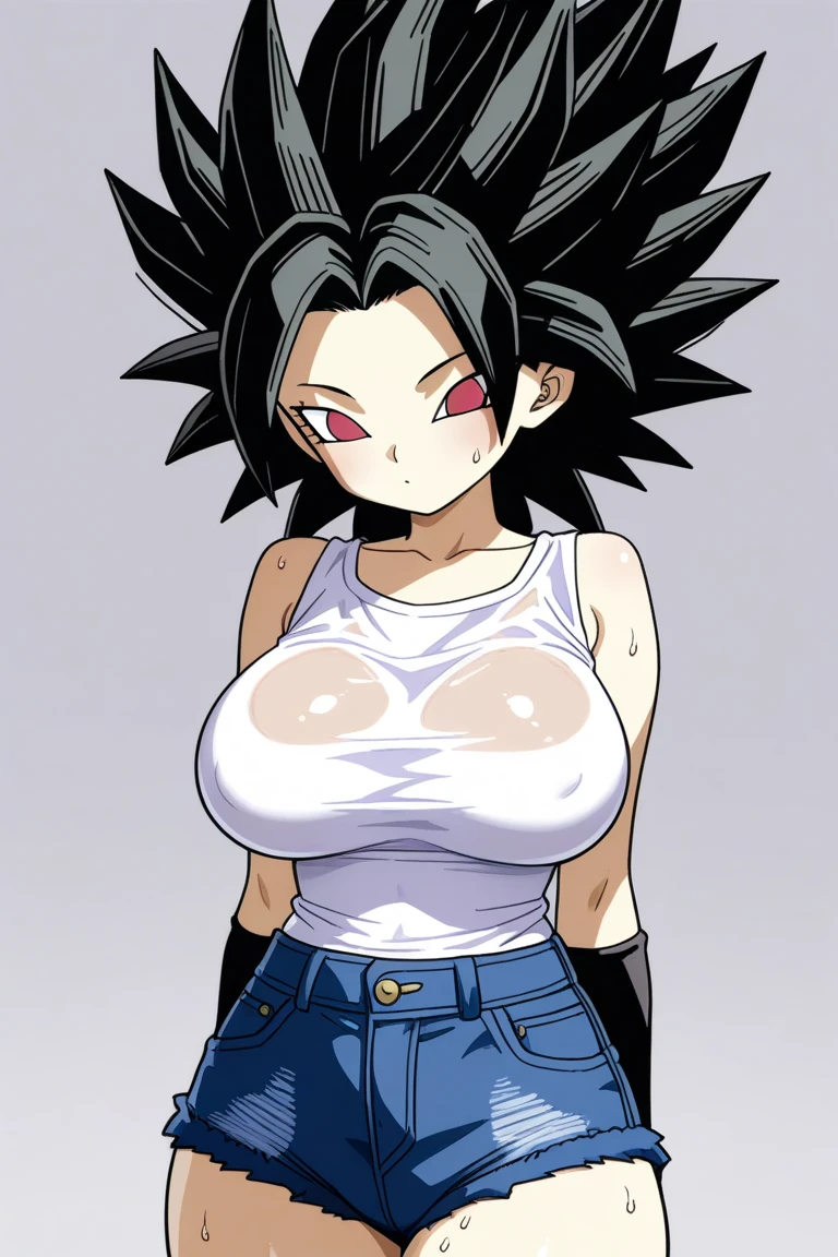 masterpiece, caulifla, black hair, spiked hair, black eyes, , , looking at viewer, , , , , , huge breasts , black bed , massive round breasts , , black curtains , blushing , super round breasts , red blushing , small muscles , black room , massive round breasts , teeth , curvey body , six pack , gripping breasts , sitting on bed , naked , , red blushing hard , , pink nipples , upper body , open mouth