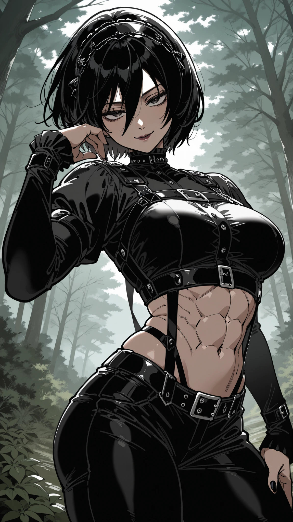 masterpiece, best quality, amazing quality, newest, very aesthetic, 1girl,,mikasa from \(attack on titan\),gothic,gothic make up,emo mixed with gothic outfit,abs,black nails,smile,dynamic pose,nature background