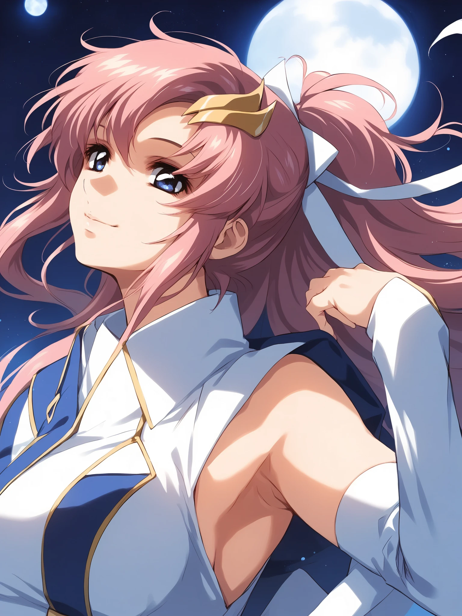 profile,night,night空,moon,night空を見あげる,armpits,masterpiece, Highest Quality, 4K, extremely sophisticated,1 girl,Lux Klein, blue eyes, pink hair, long hair,hair accessory, detailed face, beautiful and precise eyes , , watching viewers, Sweet smile, dynamic pose,(white evening dress),