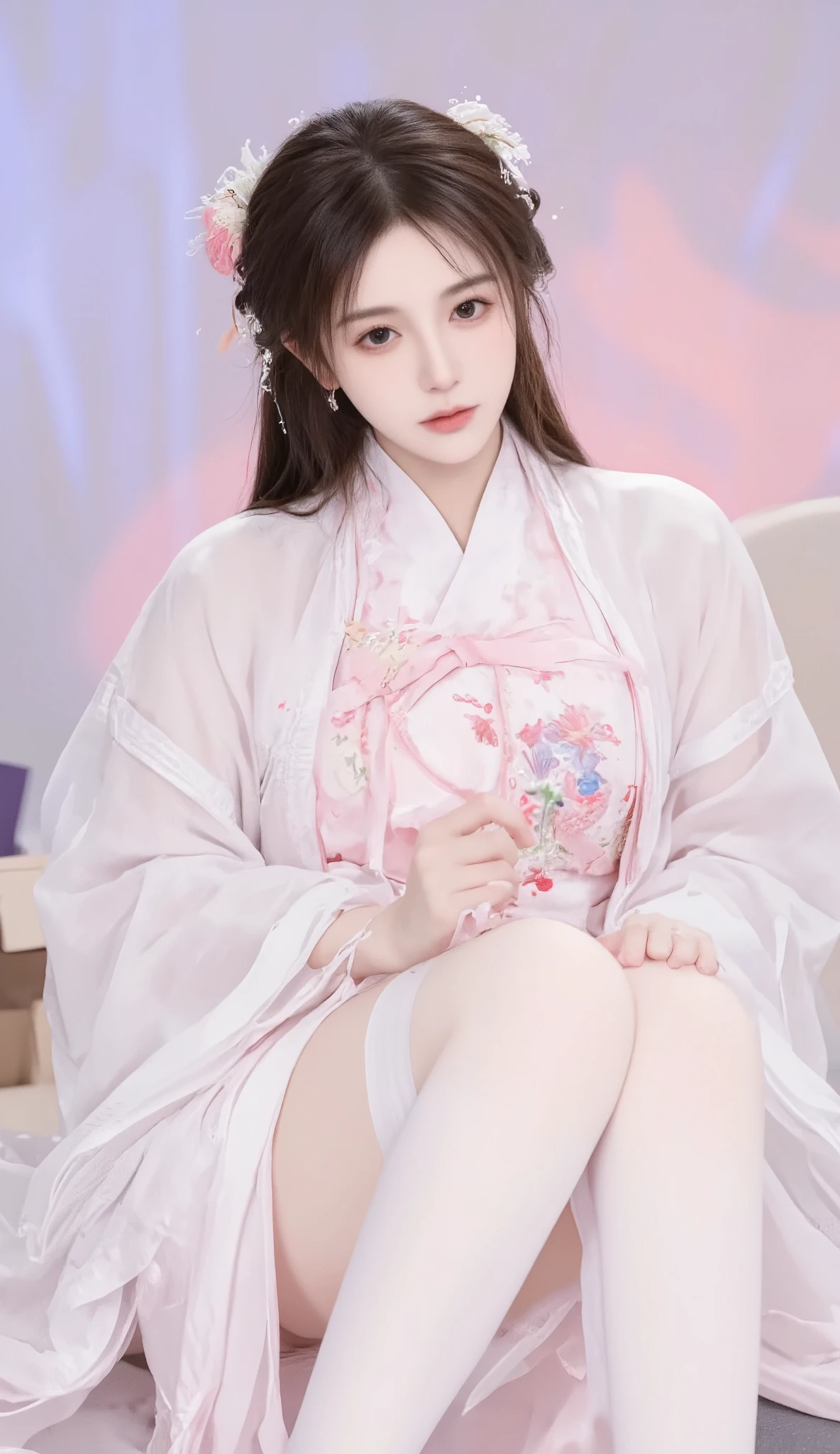 robe, 1 girl, [[bow, eyes, flower, Ribbon, 红Rose, Chest, 红色 Chinese clothing , Chinese clothing , skirt, flower, Gradient , Gradient background, embroidered ball flower, Watch the audience, small Chest, white pantyhose, Rose, Single, thigh 连裤袜