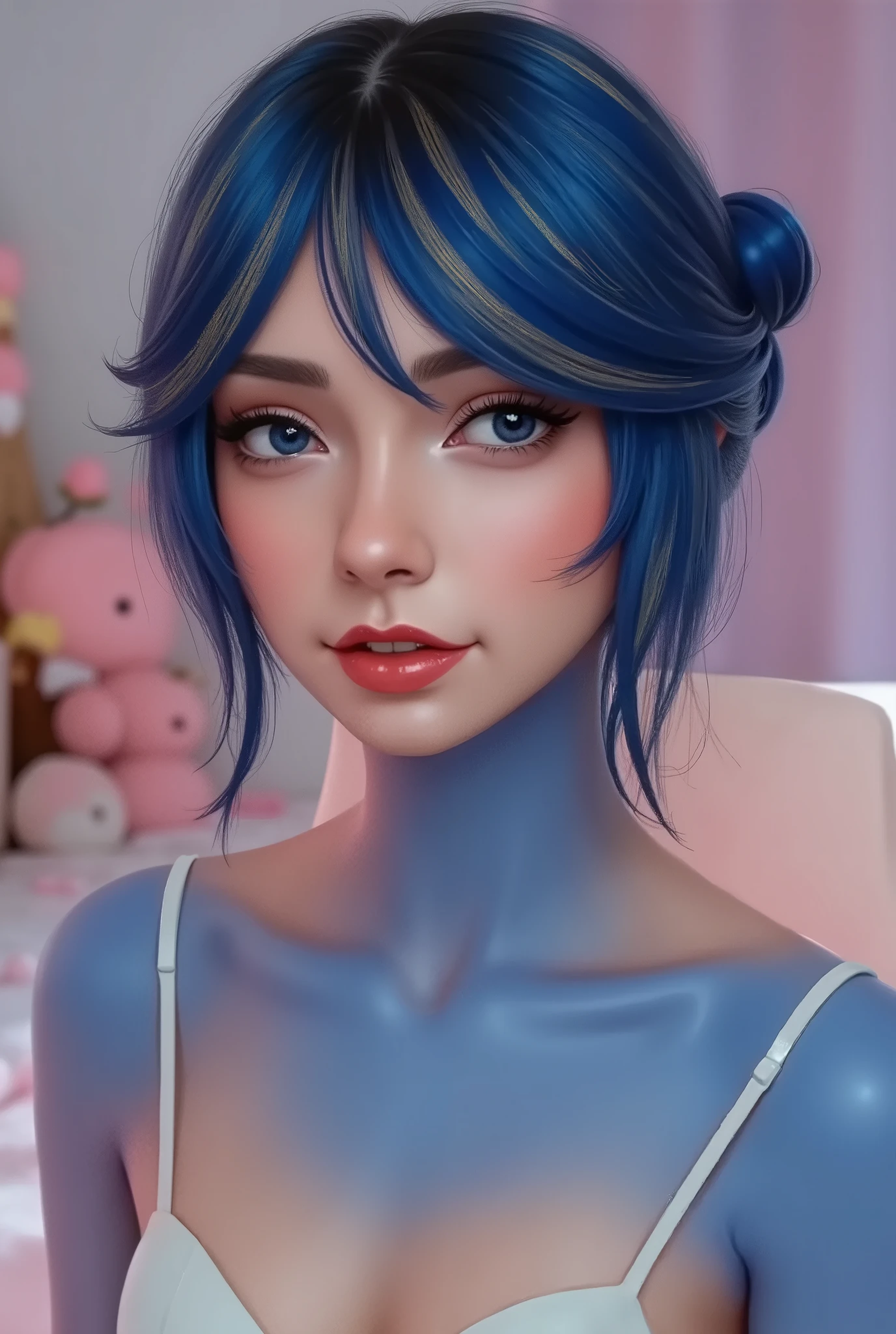 Poetry Book Layout, blue mane with gold stripes in it, hair bun with bangs, pink blue, blue body, anthro, blushing