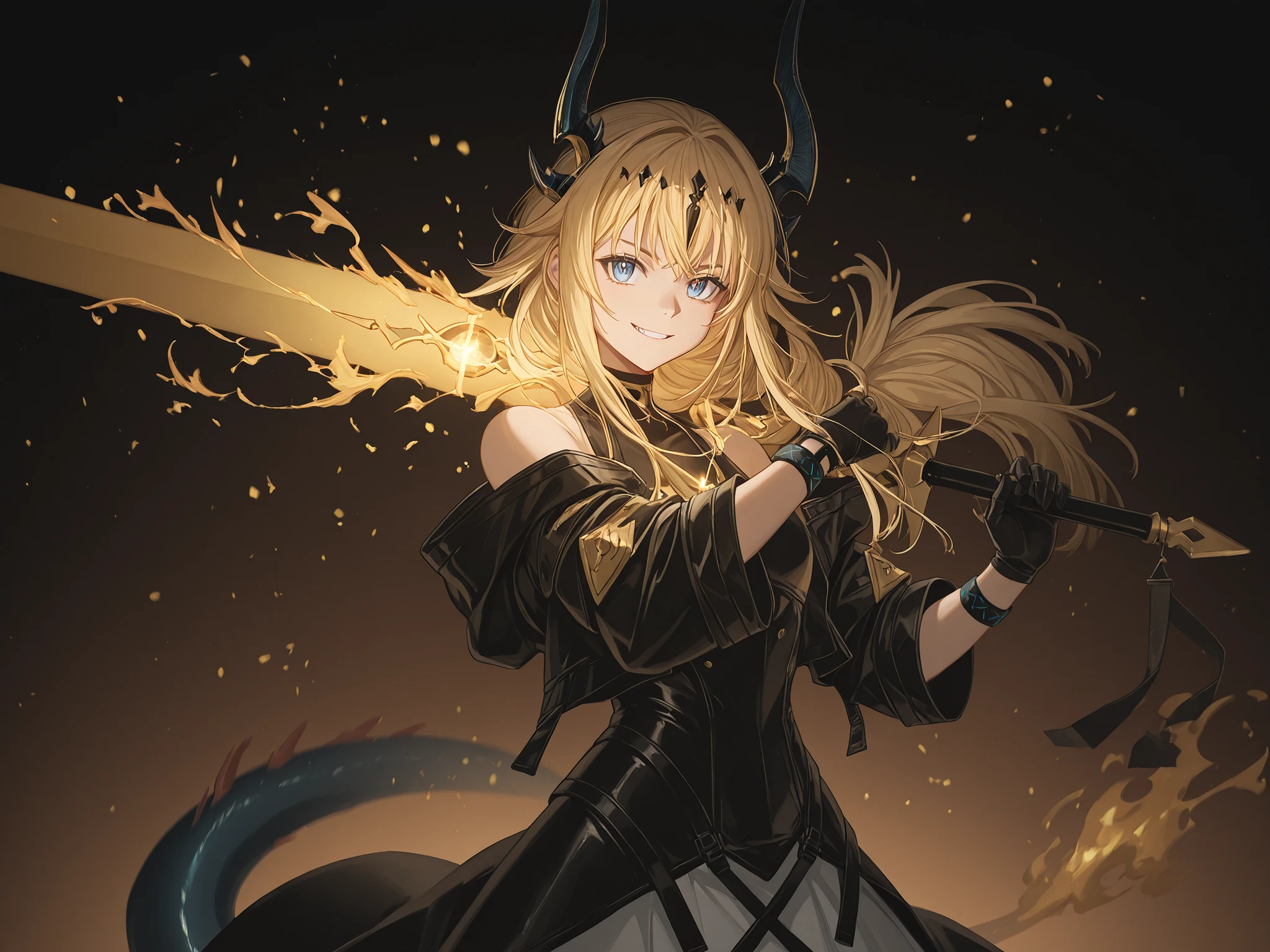 Solo, 1 , e baixo,  small character , Short character , Short character ,  character 1 ,50 meters high, e baixo,  Young character, personagem, body like Rimuru Tempest;

Cabelos Dorados, the character's hairstyle must be the same as Alice Zuberg's "Sword Art Online", Long FRINGE, black horns like Reed, The Flame Shadow de "Arknights", body like Rimuru Tempest;

The character's face must be the same as Alice's of "Sword Art Online", flashy blue eyes, provocative face,  provocative smile , rosto jovem, perfect and beautiful;

Perfect Anatomy, the character's tail must be of a dragon and must be black (with a golden flame at the tip of his tail), black tail like Reed, The Shadow of the Flame of "Arknights", They must be black;

Arms covered by black gloves up to half the height of the bicep, golden ring at the end of the glove, golden ring on the wrists, hands with claws,  black arms , arms with gold details;

Black coat like Reed The Flame Shadow in "Arknights", roupa militar black with gold details, exposed arms, corpo baixo;

holding a sword (montante,  big sword , Heavy Sword ) black with gold details, gold ornaments on the sword, spear divine and beautiful, huge blade, futuristic sword, on the other hand she must be creating a golden flame;

Fundo preto, striking pose, looking at the observer;

flashy pose, exposed shoulders and head, near the face, looking at the character, looking at the observer, cara a cara,  provocative smile , confident and low,  Young character;