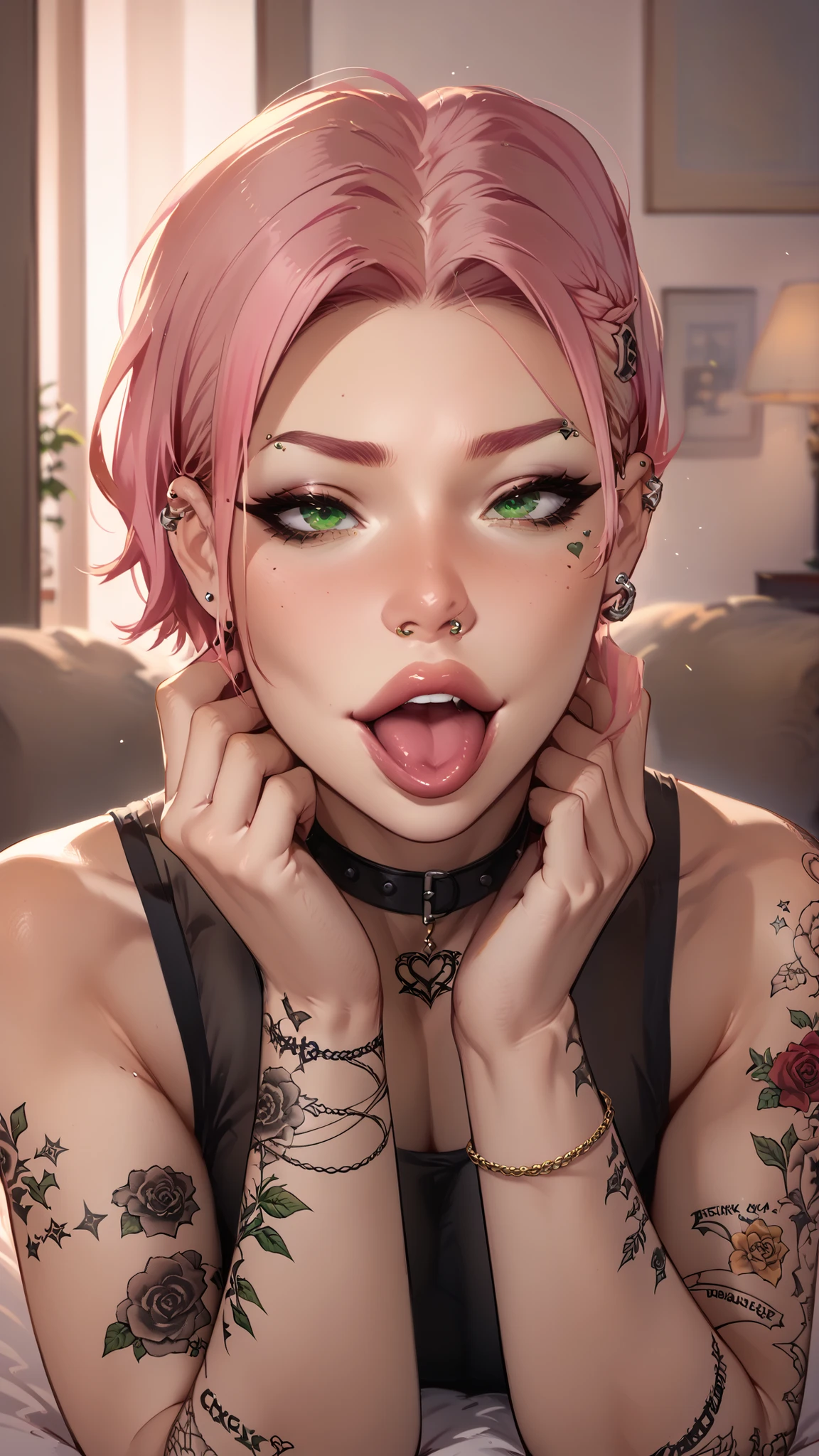 A camgirl, athletic body, tattooed, choker, Doing a private show for a client, piercing, green eyes, blond and pink hair, mouth open, Pleased face
