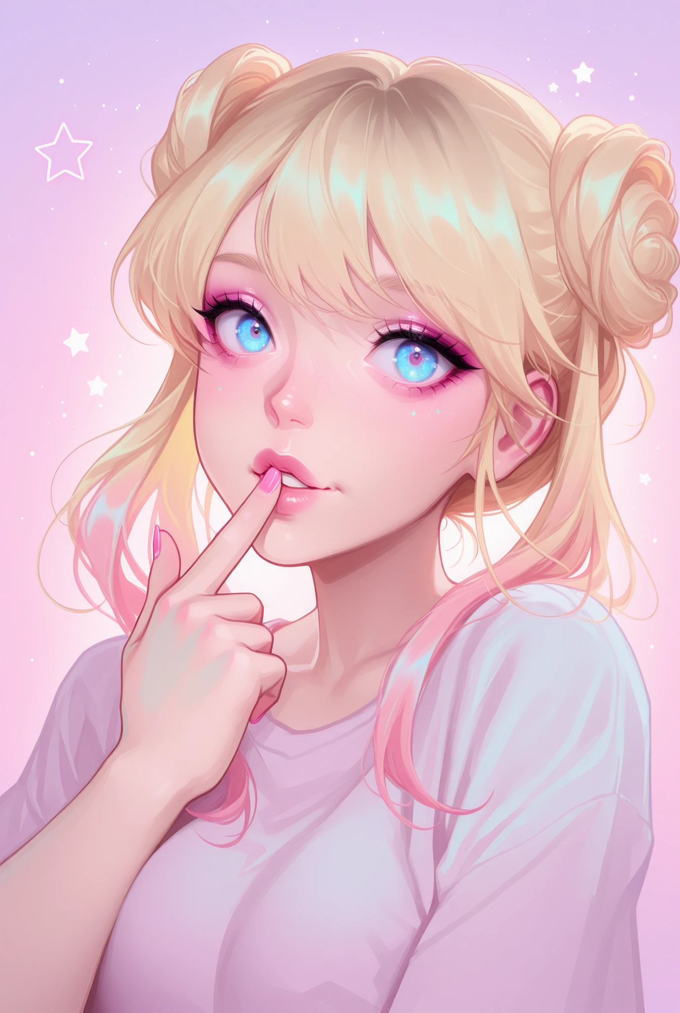 masterpiece, best quality, amazing quality, cyarin_style, melancholic atmosphere, soft pastel colors, expressive detailed eyes, delicate lineart, dynamic hair movement, gradient lighting, emotional depth, dreamy background, subtle shading, anime illustration, 1girl, solo, blonde hair, blue eyes, pink nails, twin hair buns, lips, parted lips, pink background, looking at viewer, makeup, nail polish, stars, loser finger sign