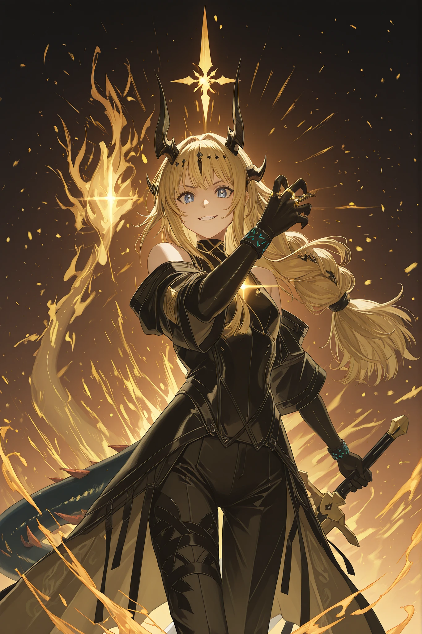 Solo, 1 , e baixo, small character , Short character , Short character , character 1 ,50 meters high, e baixo, Young character, personagem, body like Rimuru Tempest;
Cabelos Dorados, the character's hairstyle must be the same as Alice Zuberg's "Sword Art Online", Long FRINGE, black horns like Reed, The Flame Shadow de "Arknights", body like Rimuru Tempest;
The character's face must be the same as Alice's of "Sword Art Online", flashy blue eyes, provocative face, provocative smile , rosto jovem, perfect and beautiful;
Perfect Anatomy, the character's tail must be of a dragon and must be black (with a golden flame at the tip of his tail), black tail like Reed, The Shadow of the Flame of "Arknights", They must be black;
Arms covered by black gloves up to half the height of the bicep (Do the gloves completely cover the arms), golden ring at the end of the glove, golden ring on the wrists, hands with claws, black arms , arms with gold details;
Long black coat (longo) como Reed The Flame Shadow em "Arknights", roupa militar black with gold details, black pants, (Do not wear women's clothing), exposed arms, corpo baixo;
holding a sword (montante, big sword , Heavy Sword ) black with gold details, gold ornaments on the sword, spear divine and beautiful, huge blade, futuristic sword, on the other hand she must be creating a golden flame;
Fundo preto, striking pose, looking at the observer;
flashy pose, exposed shoulders and head, near the face, looking at the character, looking at the observer, cara a cara, provocative smile , confident and low, Young character;