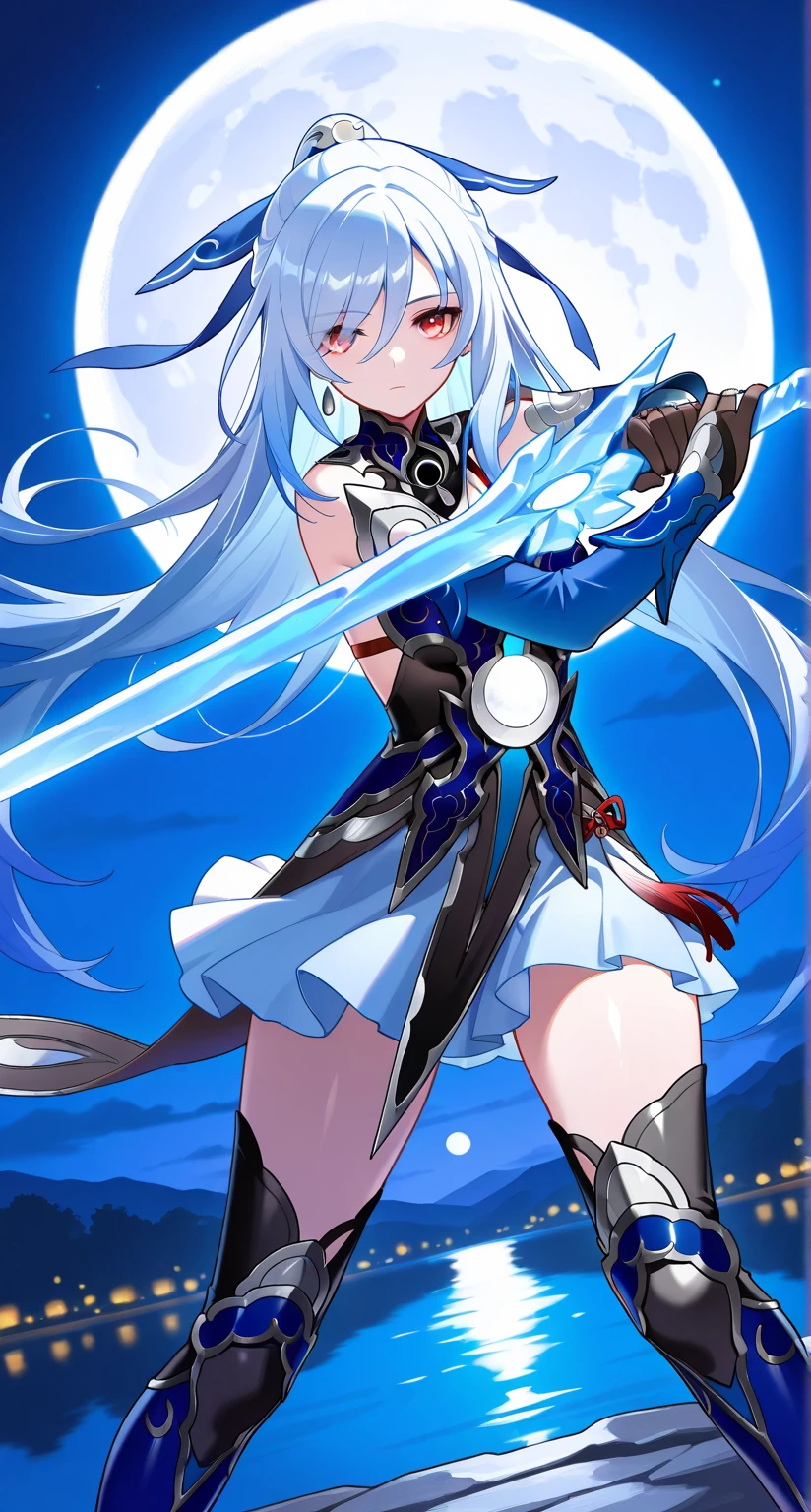 masterpiece,best quality,highres,ultra-detailed,Jingliu,alternate color,masterpiece,detailed illustration,lifelike,{{{1Jingliu}}},shiny beautiful woman,moon light lighting,dynamic angle,dynamic pose,depth of field,1girl,red eyes,blue armored dress,white skirt,tassels,hair ribbon,black gloves,blue sleeves,armored boots,light blue skirt,lake,dark,night,dark night,darknight sky,full moon,whiteglowing ice saber (weapon),expressionless,standing,open legs,ice saber (weapon),battoujutsu stance,two-handed,ice saber (weapon) focus,looking at viewer