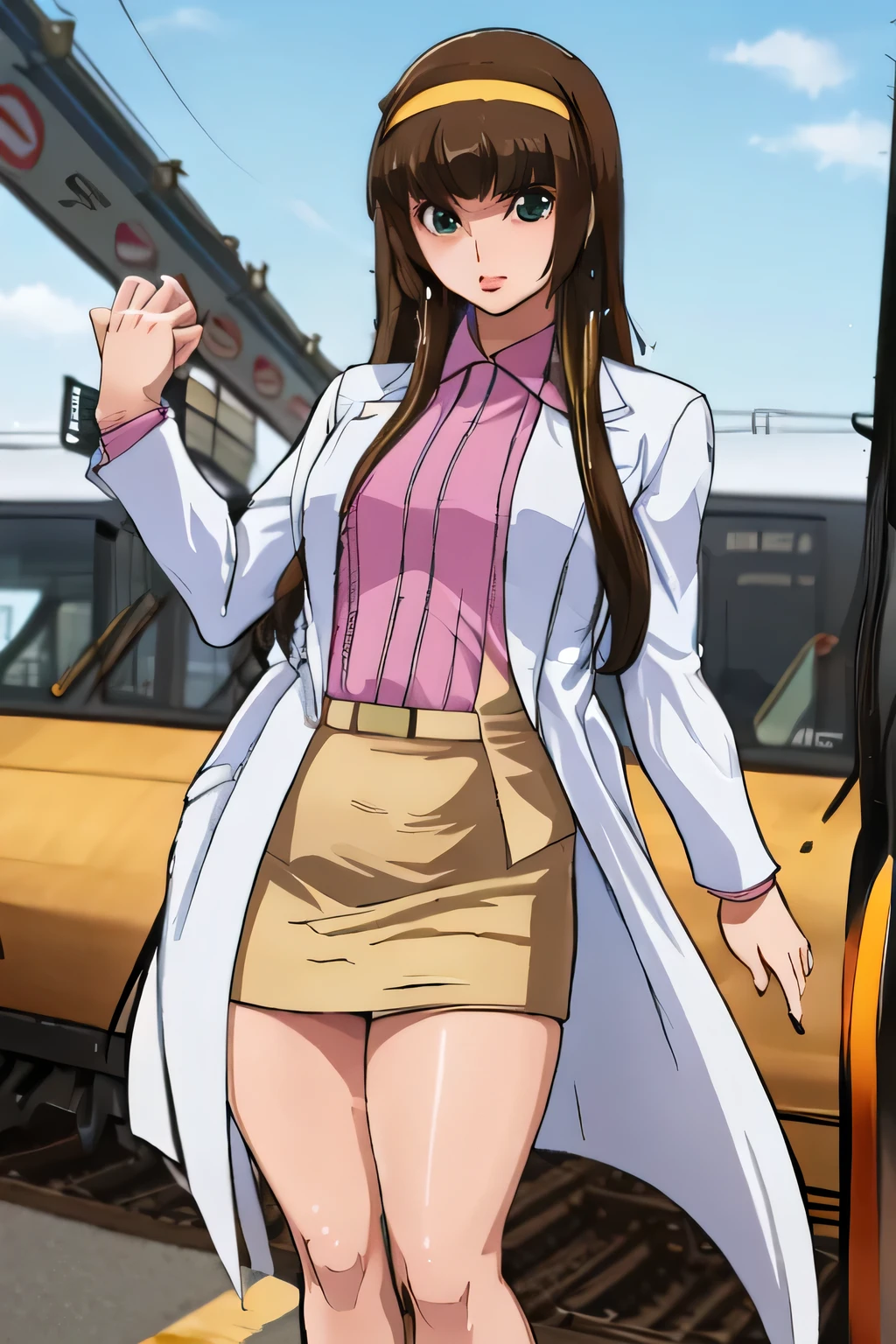 brown straight long hair,Big BreastsをさらにBig Breastsに描いて下さい,miniskirt,Yellow hair band on the head,,nice smiles,Can you draw a woman looking at a train,draw a woman waiting in front of the car in front of you,東京の地下鉄ホームでwaiting for the train女性は描けますか, ,congestion,waiting for the train,fun,Underground railway stations ,The sign hanging on the wall,{{X}},Please describe her expression more delicately,walking alone, city tour ,,(((I'm wearing casual clothes inspired by a tourist))), I have a SLR camera ,(Let's draw a more delicate look),(sleeveless wool sweater),( Pleated Legs,white panties),(That work is enough for one person {X} is very important for work)、 That's enough,frown。unless the job requires it。 {X}、 , An attractive 40-year-old woman takes off her uniform and jumps off, Big black wavy hair, , Big Breasts, Thin Waist , , ,Faces are very important,