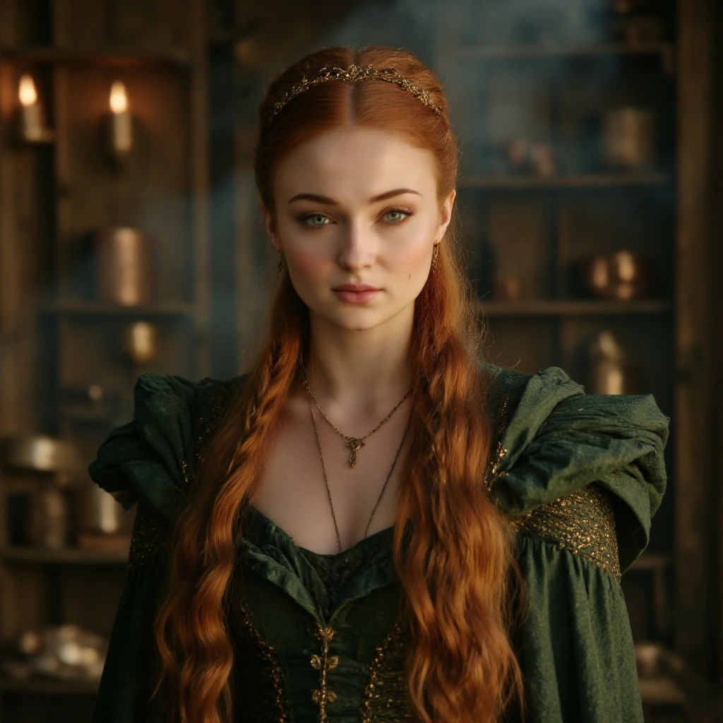 Foto RAW, Sansa Stark PLAYED BY SOPHIE TURNER Ned and Cat's oldest daughter. Demure and ladylike, her dream  to marry Prince Joffrey. Her direwolf  named Lady , Game of Thrones Series, (pele altamente detalhada: 1.2), 8k UHD, DSLR, soft-lighting, alta qualidade, grain of film, Fujifilm XT3