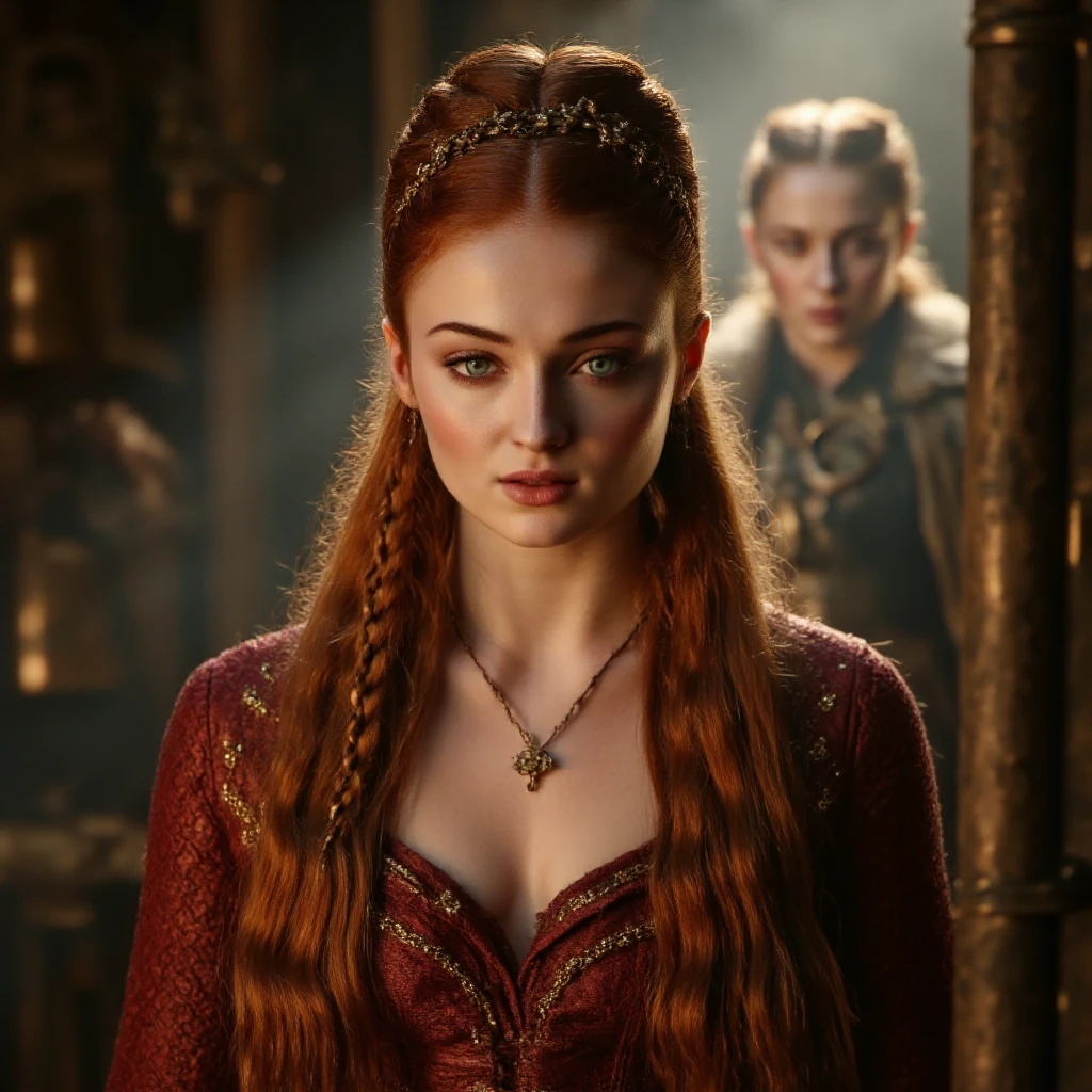 Foto RAW, Sansa Stark PLAYED BY SOPHIE TURNER Ned and Cat's oldest daughter. Demure and ladylike, her dream to marry Prince Joffrey. Her direwolf named Lady , Game of Thrones Series, (pele altamente detalhada: 1.2), 8k UHD, DSLR, soft-lighting, alta qualidade, grain of film, Fujifilm XT3