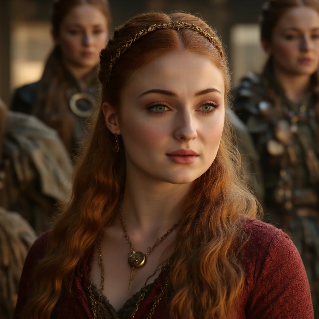 Face of Sophie Turner, Sansa Stark played by Sophie Turner, the de facto Lady of the Eyrie, is a 40-year-old mature queen with a stunning, alluring appearance. Full Face, pierced eyes, Big  body, reddish lips, upper body shot,  Mediaeval costumes, game of thrones costumes, She wears a Game of Thrones-inspired costume and has a deep cleavage, a perfect thick body, and a perfect thick figure. The photograph captures her in a close-up, with her skin texture and  features being ultra-realistic and realistic. Breasts, Large breasts, Red Hair, High Resolution, Pregnant body