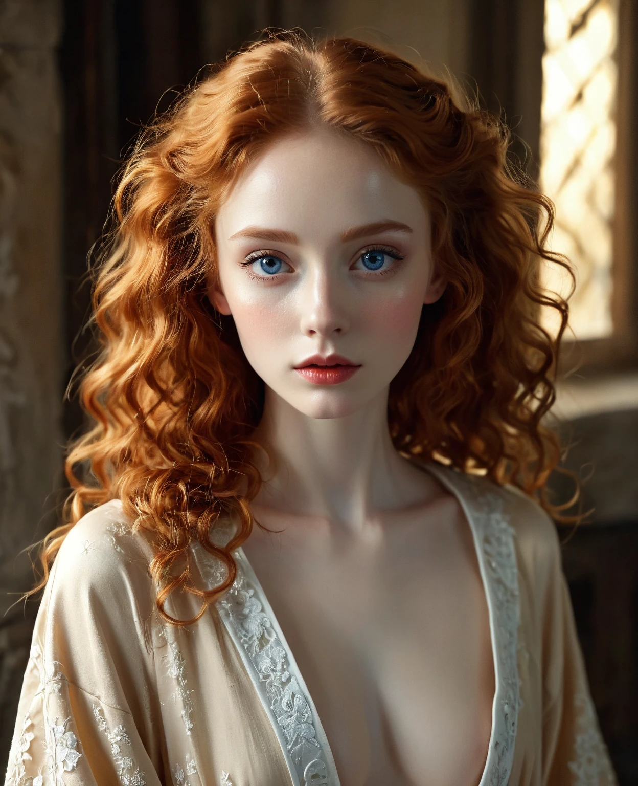 In a rococo atelier、(flat!!!! tiny!!!! chest), (6!!!!! year old girl), very young extremely!!!!!! pretty!!!!!!!!! beautiful!!!!!!! face, blue eyes, pale skin, Oil painting nude!!!! model, wears an open!!!!!! beige robe, anorexic!!!!!!, emaciated!!!!!!!!!!!!!, very skinny!!!!!!, (very short!!!!!!!!!!!!!!), tiny!!!!!. Highly detailed, 8K, short!!!!!!!!!, 1girll, boney!!!!!!, firered!!!!!! long wavy curly hair, redhead!!!!!!!!!!!! , (Perfect_Face), Convoluted, Dramatic Lighting, 4K, Detailed_Background, Caustics, from a_Side!!!!!, (eye contact!!!!!), (looking at camera!!!!!!). pregnant belly, whole body shot:1.2,