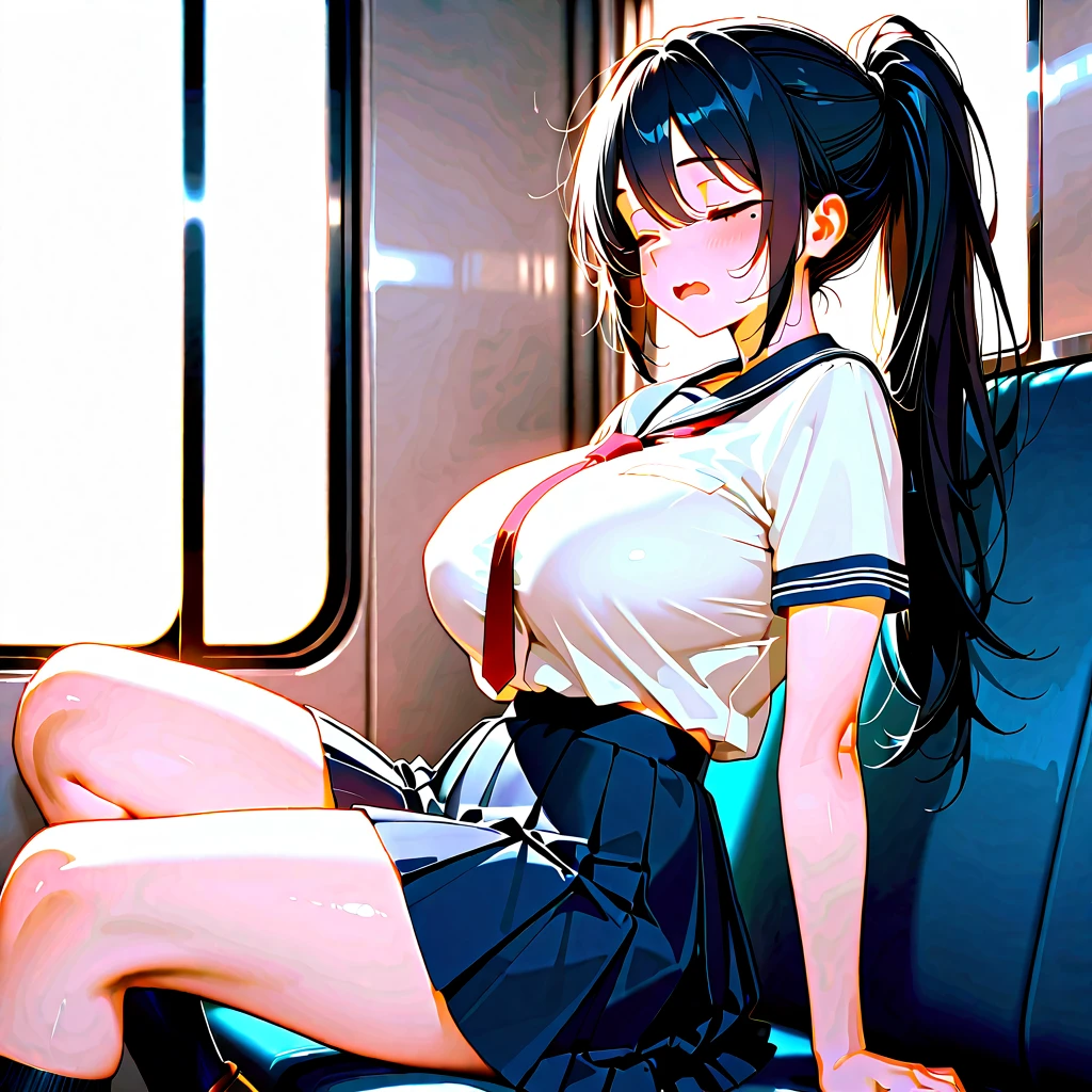 masterpiece, best quality, extremely detailed cg unity 8k wallpaper, high-quality, ultra-detailed, depth of field,beautiful detailed skin, beautiful detailed body,beautiful detailed eyes,sparkling eyes,drooping eyes,beautiful detailed face,cute face,1 mature women,kneeling,dark hair,yellow eyes,(sailor uniform,(white short sleeve shirt,navy blue collar,(red chest ribbon:0.9),mini skirt)),large breasts,on the train,(white panties),medium thighs,(cleavage cut out:1.2),open legs,lift clothes,white bra,(undressing:1.2),(1boy,penis:1,5),fellatio,nsfw,