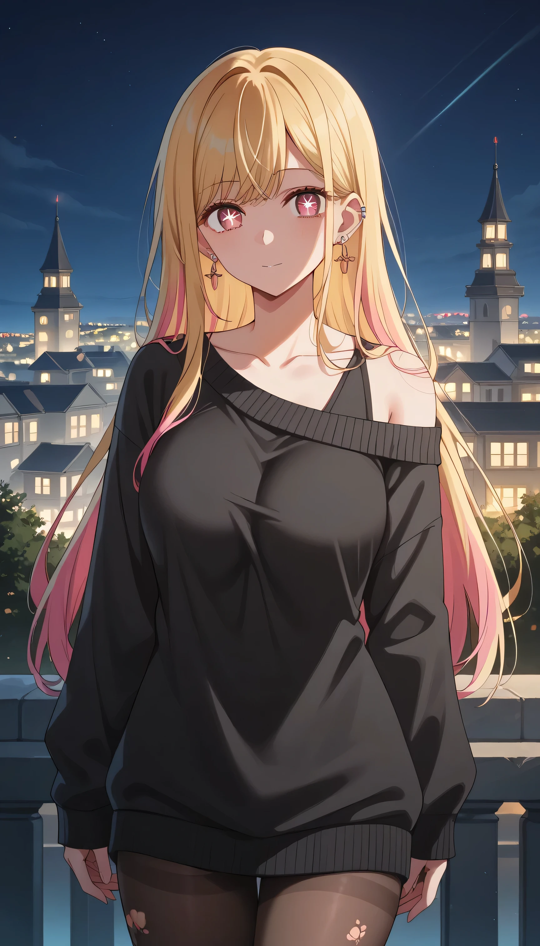 8k, RAW photo, best quality, masterpiece:1.2), score_9, score_8_up, score_7_up, score_6_up, score_5_up, score_4_up, (extremely detailed fine touch:1.2), (natural light, sun light, light rays, dappled light, ray tracing:1.2) , masterpiece, best quality, highly quality, masterpiece, (top-quality), 1girl, Ruby Hoshino, long hair, bangs, blonde hair, pink eyes, sidelocks, symbol-shaped pupils, multicolored hair, two-tone hair, earrings, ear piercing, black sweater, black long sweater, loose sweater, bare shoulders, pantyhose, black pantyhose, collarbone, Female sexy, large breast, vivd colour,natural soft light,RTX, , Beautiful fece, (Detailed face:1.2), showcase, (perfect eyes:1.1), 8K UHD, Look at viewers, outside of house, night, standing , city