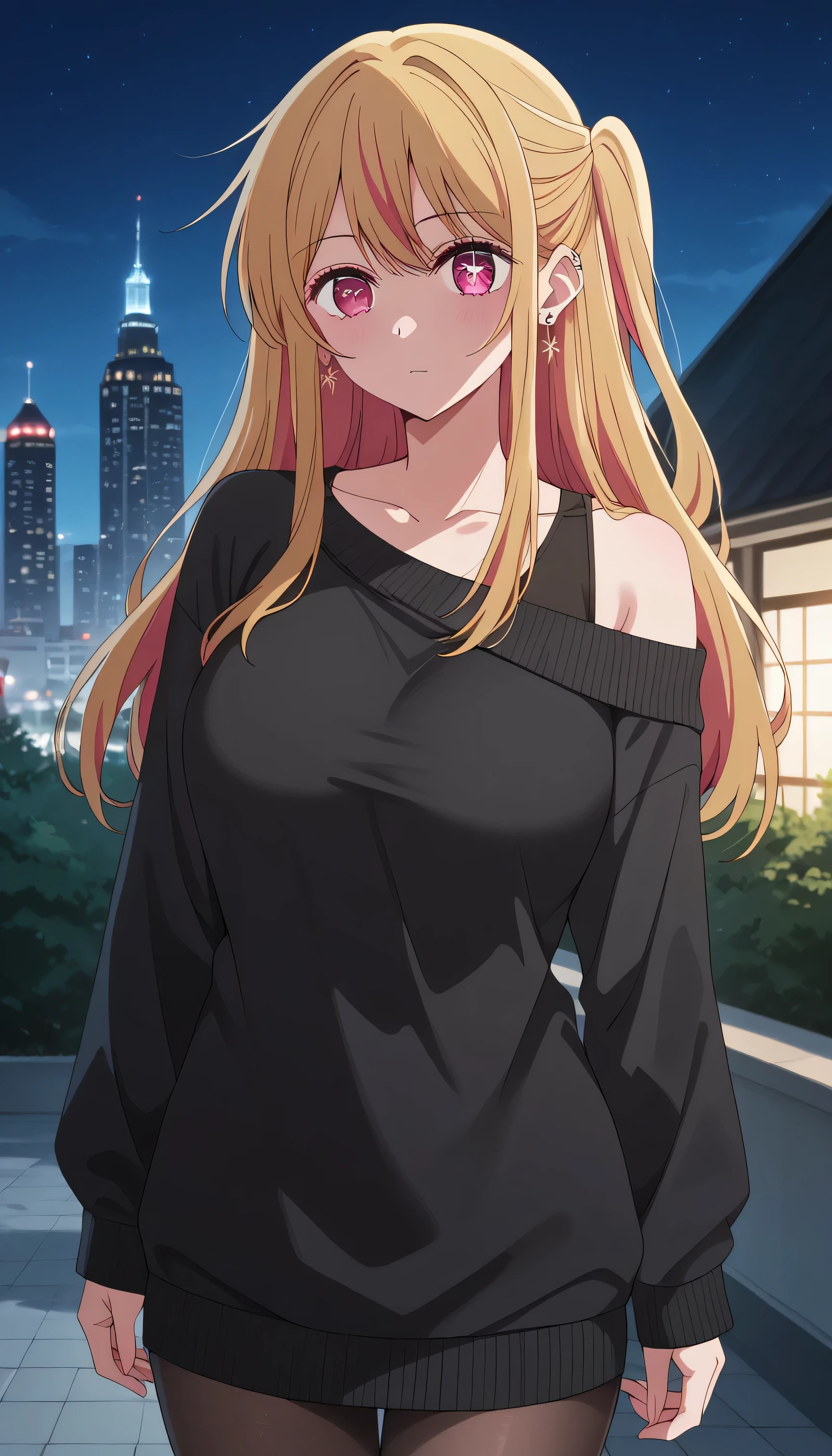 8k, RAW photo, best quality, masterpiece:1.2), score_9, score_8_up, score_7_up, score_6_up, score_5_up, score_4_up, (extremely detailed fine touch:1.2), (natural light, sun light, light rays, dappled light, ray tracing:1.2) , masterpiece, best quality, highly quality, masterpiece, (top-quality), 1girl, Ruby Hoshino, long hair, bangs, blonde hair, pink eyes, sidelocks, symbol-shaped pupils, multicolored hair, two-tone hair, earrings, ear piercing, black sweater, black long sweater, loose sweater, bare shoulders, pantyhose, black pantyhose, collarbone, Female sexy, large breast, vivd colour,natural soft light,RTX, , Beautiful fece, (Detailed face:1.2), showcase, (perfect eyes:1.1), 8K UHD, Look at viewers, outside of house, night, standing , city