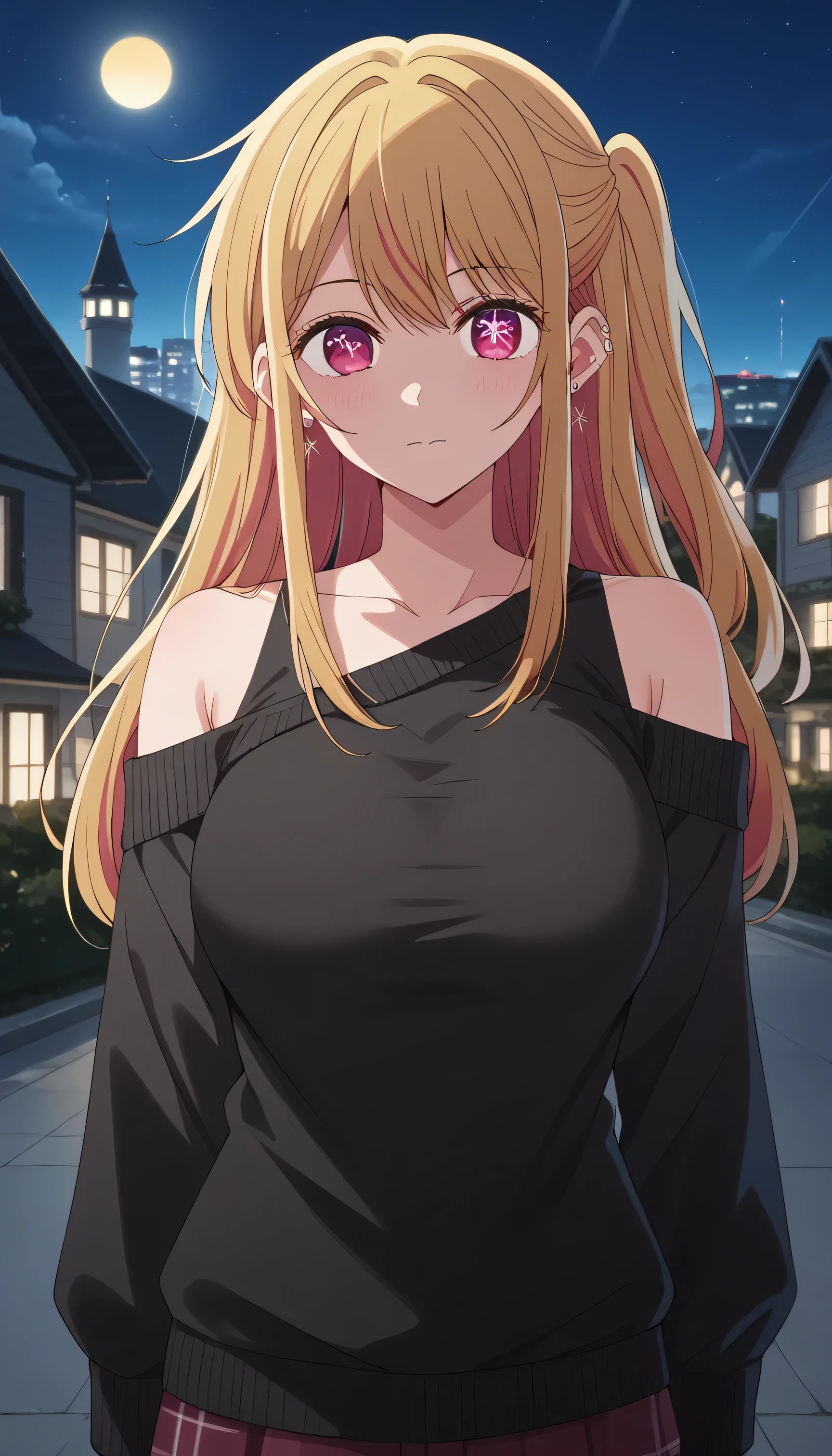 8k, RAW photo, best quality, masterpiece:1.2), score_9, score_8_up, score_7_up, score_6_up, score_5_up, score_4_up, (extremely detailed fine touch:1.2), (natural light, sun light, light rays, dappled light, ray tracing:1.2) , masterpiece, best quality, highly quality, masterpiece, (top-quality), 1girl, Ruby Hoshino, long hair, bangs, blonde hair, pink eyes, sidelocks, symbol-shaped pupils, multicolored hair, two-tone hair, earrings, ear piercing, black sweater, black long sweater, loose sweater, bare shoulders, pantyhose, black pantyhose, collarbone, Female sexy, large breast, vivd colour,natural soft light,RTX, , Beautiful fece, (Detailed face:1.2), showcase, (perfect eyes:1.1), 8K UHD, Look at viewers, outside of house, night, standing , city