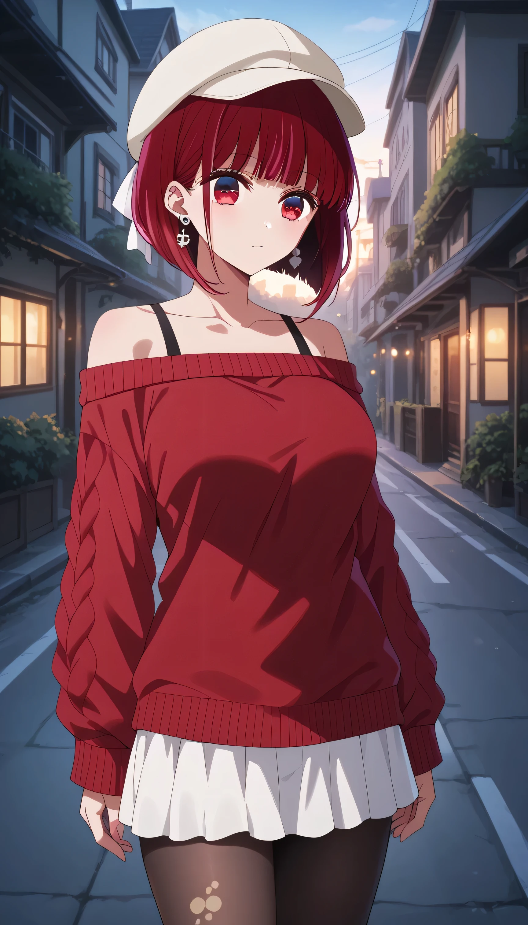 8k, RAW photo, best quality, masterpiece:1.2), score_9, score_8_up, score_7_up, score_6_up, score_5_up, score_4_up, (extremely detailed fine touch:1.2), (natural light, sun light, light rays, dappled light, ray tracing:1.2) , masterpiece, best quality, highly quality, masterpiece, (top-quality), 1girl, kana arima, short hair, bangs, red eyes, red hair, bob cut, two-tone hair, hat, earrings, ear piercing, red sweater, red long sweater, loose sweater, bare shoulders, pantyhose, black pantyhose, collarbone, Female sexy, large breast, vivd colour,natural soft light,RTX, , Beautiful fece, (Detailed face:1.2), showcase, (perfect eyes:1.1), 8K UHD, Look at viewers, outside of house, night, standing , city