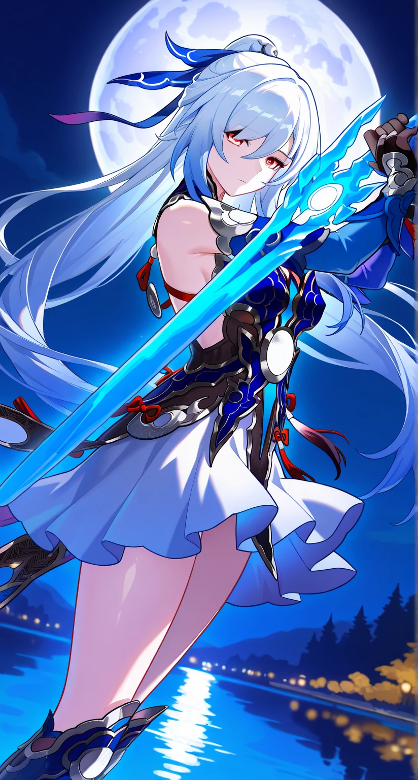 masterpiece,best quality,highres,ultra-detailed,Jingliu,alternate color,masterpiece,detailed illustration,lifelike,Jingliu(Honkai: Star Rail),shiny beautiful woman,moon light lighting,dynamic angle,dynamic pose,depth of field,1girl,red eyes,blue armored dress,white skirt,tassels,hair ribbon,black gloves,blue sleeves,armored boots,light blue skirt,lake,dark,night,dark night,darknight sky,full moon,whiteglowing ice saber (weapon),expressionless,standing,open legs,ice saber (weapon),battoujutsu stance,two-handed,face side arms,ice saber (weapon) focus,from side,looking at viewer