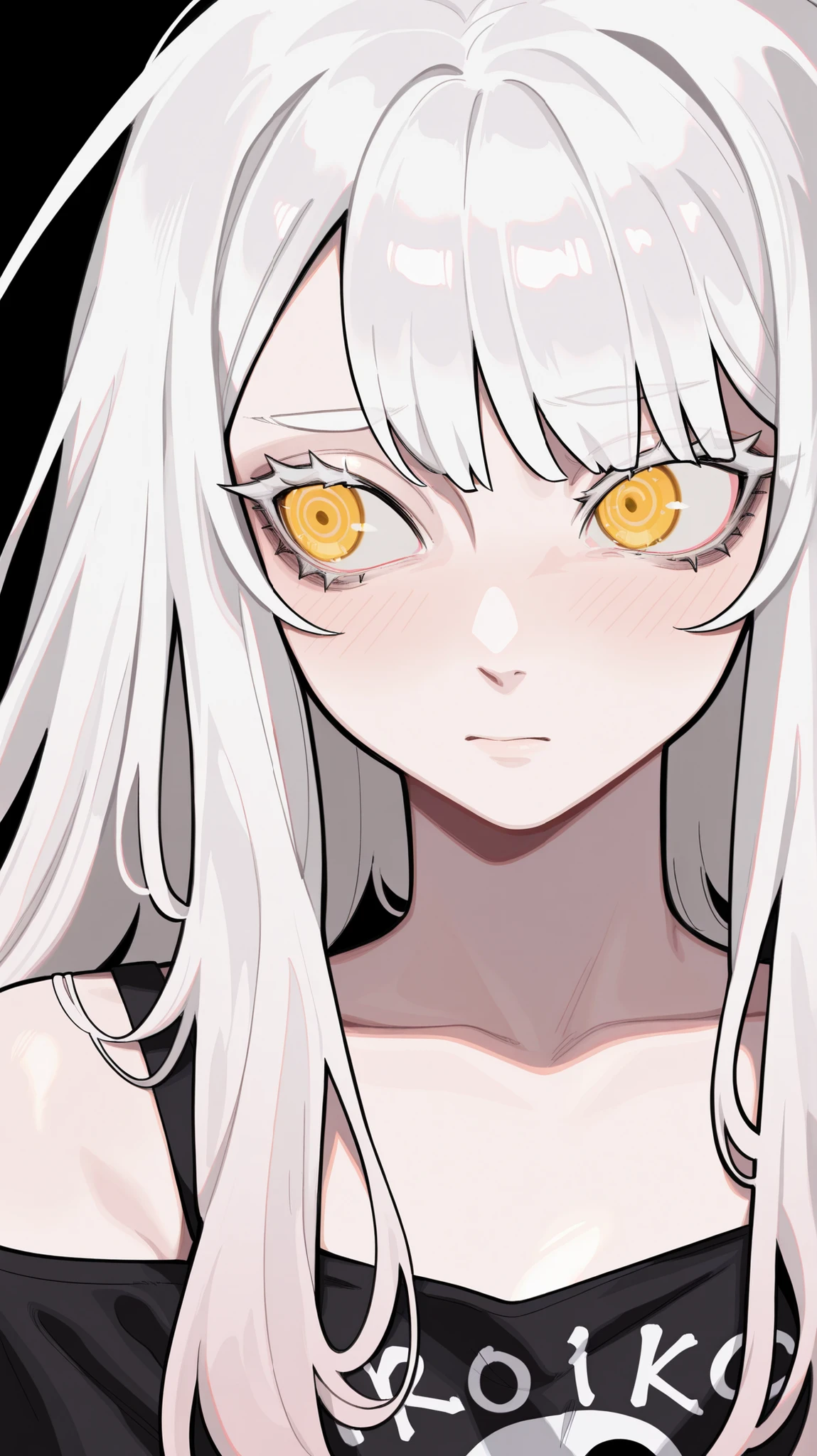 masterpiece, best quality,detailed eyes, amazing quality, newest, very aesthetic, 1girl,white hair,white eye lashes,white eyebrows,thick eyelashes,yellow eyes,wide eyes,shy,blushing,emo outfit,upper body,covered body,neon hearts,albino,dynamic black background
