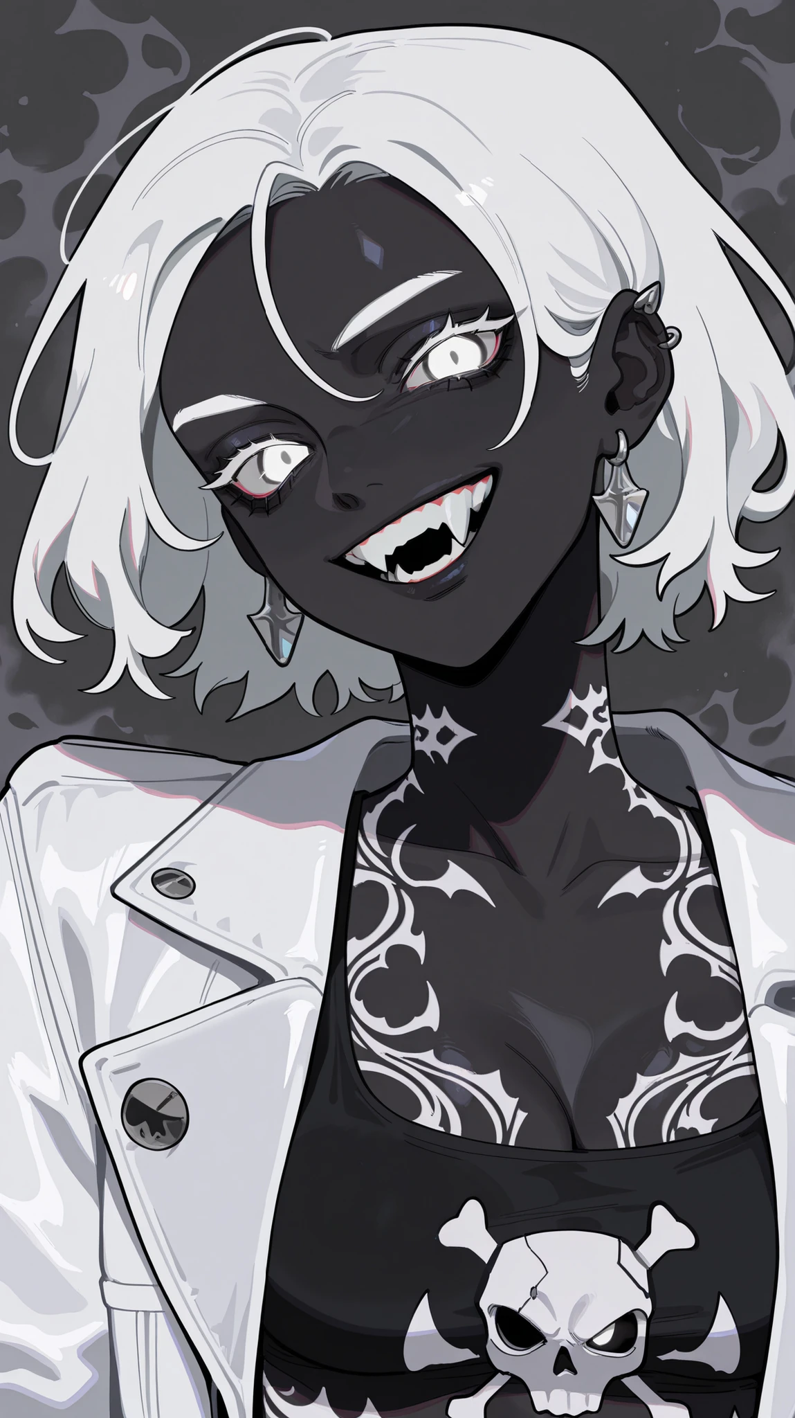 masterpiece, best quality, amazing quality, newest, very aesthetic, 1girl,pitch black skin,white short hair,white eyes,white eyebrows,white eye lashes,vampire teeth,silver earrings,silver skull neckless,evil smile,looking at the viewer,white jaket,black short tanktop,sythe tattoo on her neck,black long sharp nails,upper body,dynamic gray background,japanes text