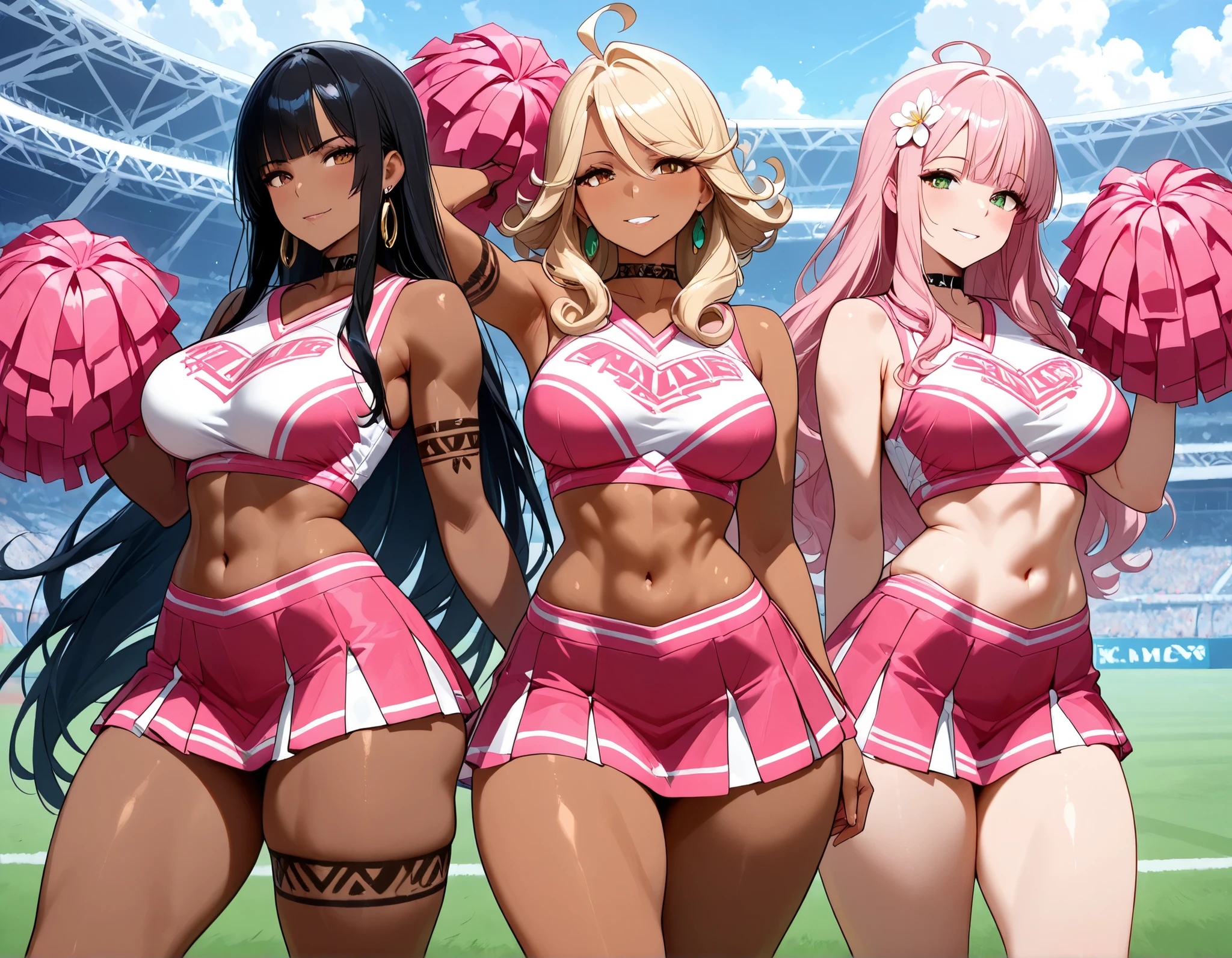 (masterpiece, best quality:1.2), {8k image}, highly detailed, score_9, score_8_ up, score_7_ up, anatomically correct, 3girls, BREAK, {1girl}: (mature female, adult female, MILF, fit female, athletic body, thick thighs, average waist, wide hips, medium breasts, skin tight, dark-skinned female, dark skin, (light blonde hair:1.2), spiky hair, ahoge, double-parted bangs, bangs between eyes, long hair, flipped hair, brown eyes),(white and black cheerleader outfit), BREAK, {2girl}: (mature female, MILF, curvy, voluptuous, thick thighs, large breasts, (silky pastel pink hair: 1.2), swept bangs, ringlets, long sidelocks, curly sidelocks, curly hair, hair flower very long hair, green eyes), black cheerleader outfit, BREAK, {3girl}: (black hair, blunt bangs, body markings, gold eyes, choker, dark skin, dark-skinned female, earrings, jewelry, jungle girl, long hair, toned, toned female, tribal, tribal markings), BREAK, all looking at viewer , confident smile , rugby field , cheerlandig ,short skirt , sleeveless croptop , midriff , bare arms , provocative, dynamic pose.