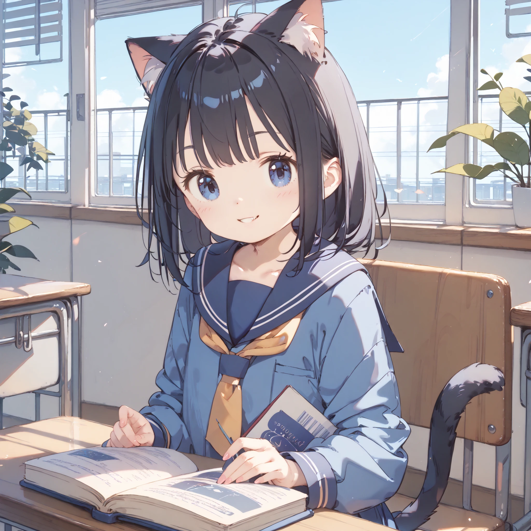 high image quality、High Quality、8k、4k、Young girl、Juvenile body、Cat ears、 cat tail、sailor suit、school classroom、Interval、sit on a chair、The leatherbound book 、Reading、 Smile、black hair、blue eyes、