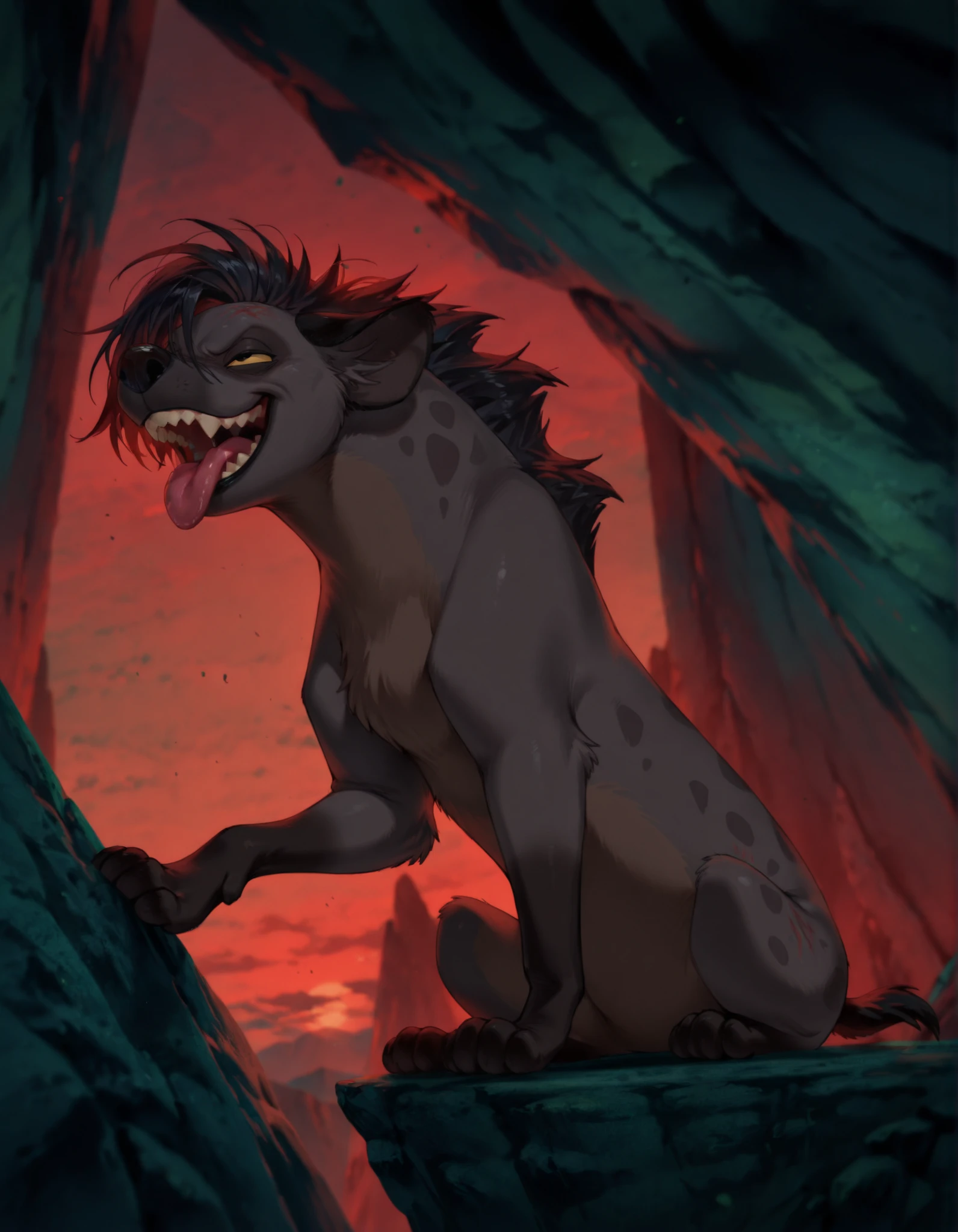 masterpiece, best quality, very aesthetic,, shenzitlk, furry, feral, hyena, black hair, short hair, back mane, dark-grey inner ear fluff, yellow sclera, black eyes, black nose, dark-grey body, dark-grey fur, dark-brown body, dark-brown fur, two tone body, two tone fur, dark-grey spots, close-up, narrowed eyes, smile, open mouth, sharp teeth, tongue, looking back, 1girl, solo, side view, closed mouth, looking up, upper body, all fours, low-angle view, head tilt, o.o, eyes almost closed, angry, looking at viewer, face focus, sitting, eyes closed, fingers, paws, hand on own chest, wide eyes, looking away, face only, tired, teeth, red lighting, bottom teeth, scratch mark, front view, solo focus, black tail, short tail, toes, full body, green cave, raised foot, cliff edge, clenched teeth, looking pleasured, cliff, looking down, raised leg, one arm up, one arm up, hair down, ahegao, tongue out, shocked expression, looking sideways, sunset, frown