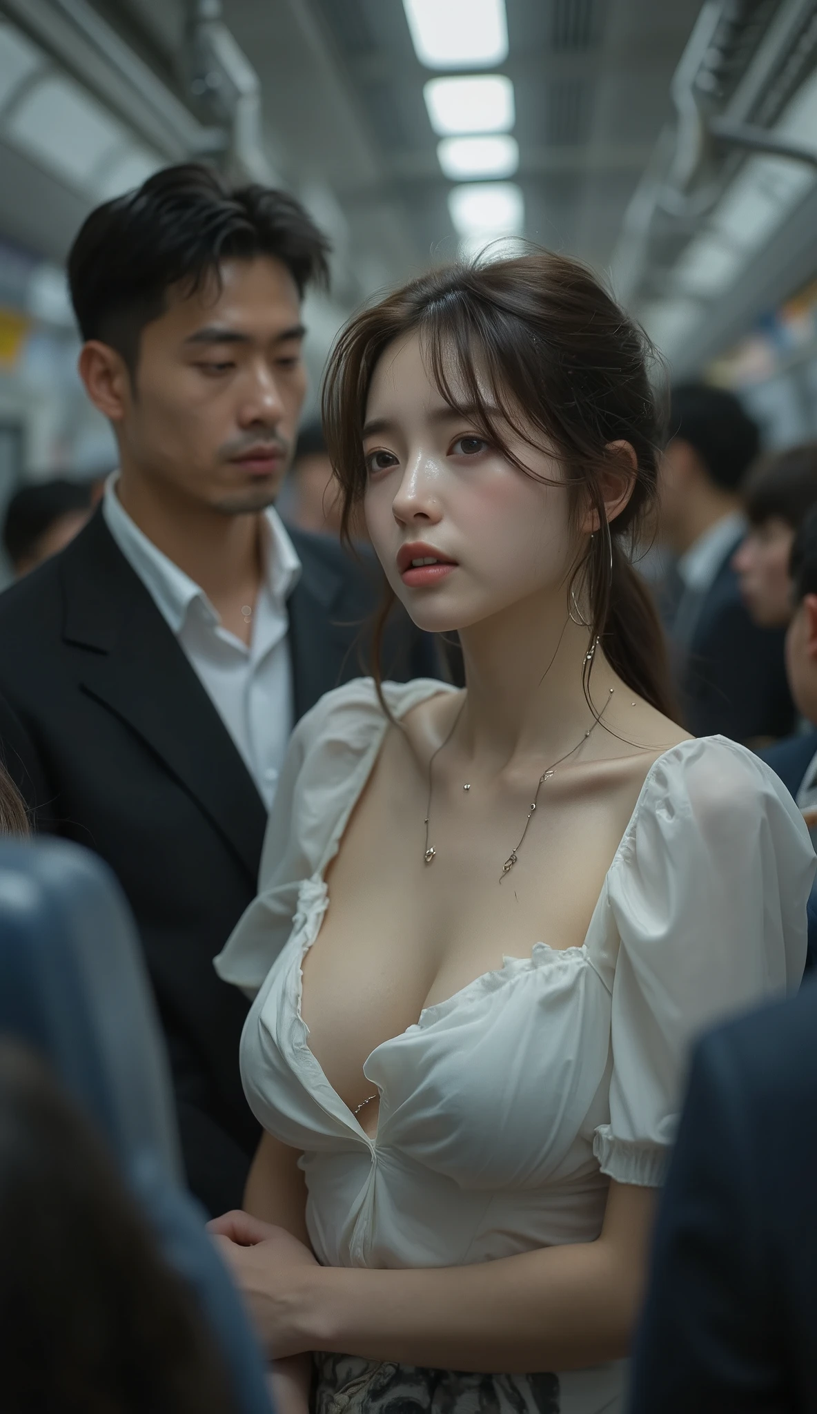beautiful brown-haired woman , Commuter trains in Japan,Crowded car interior, business suit wearing a white shirt 、Wide Chest , (( climax with head back break {x} climax zenzetsu zetsu scream )) , sharp focus with eyes closed , ( 8K ultra HD :0.8), super detailed , RAW amateur photo ,(( Sex)),Frowning, Irritation, frown, open your mouth wide ,Panting face,It is,Chest, neck, And a sweaty face ,Coordinating Your Chest to SEXY , Beautiful Actress Scandal ,Standing by the window of a crowded train 、 woman leaning against the man behind her , leaning back from outside , A man hugs a beautiful girl who looks like the heroine of an idol anime , sex,seat, sweaty chest and décolletage , sweated,( wet filter ) climax face reaching that butt ,シャツの胸元がはだけて sweated,Standing by the window of a crowded train , Chiseled Face