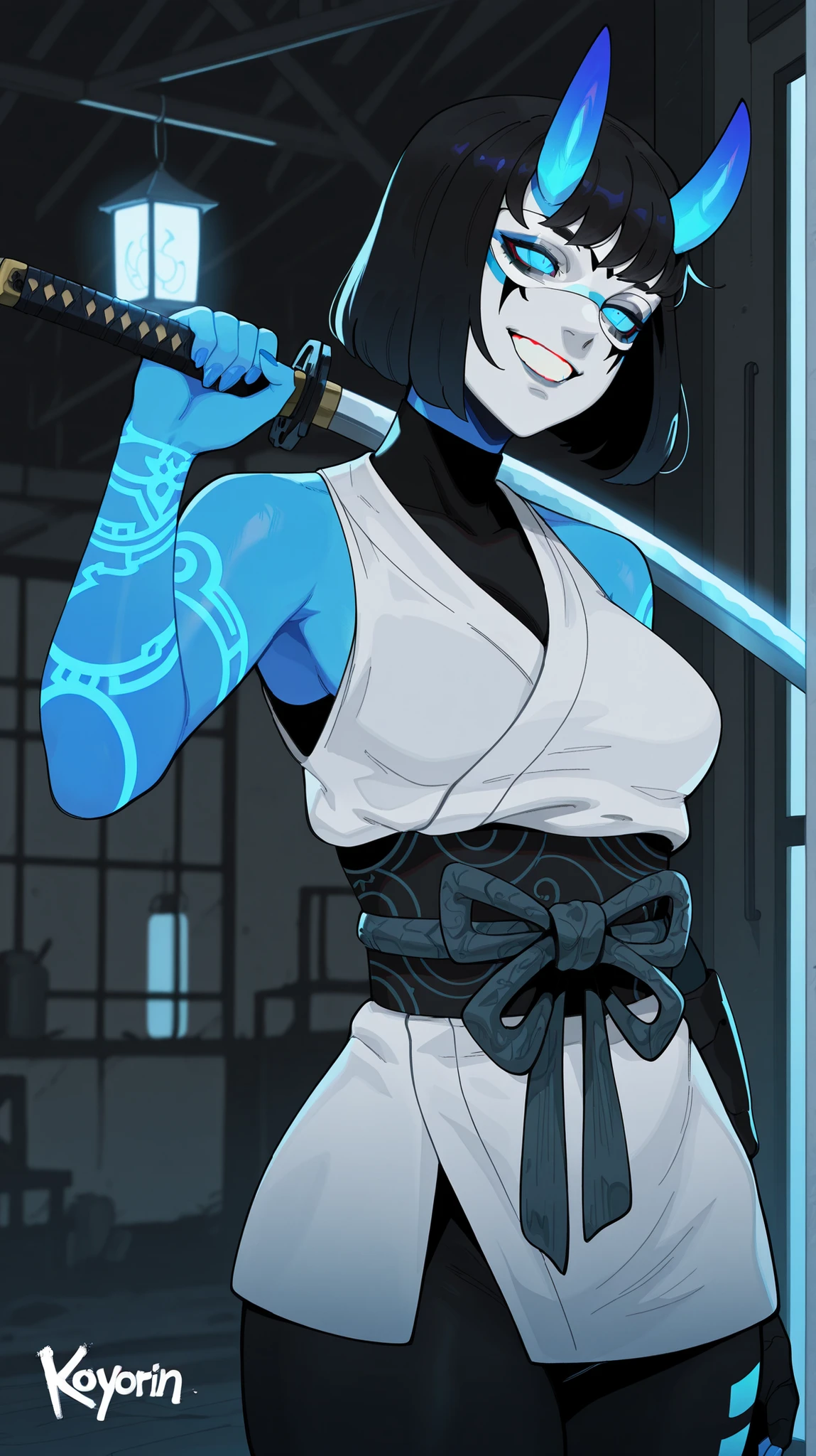 masterpiece, best quality, amazing quality, newest, very aesthetic, 1girl, Image is a digital illustration with a monochromatic color scheme, primarily in shades of gray with neon blue accents. It features a female character with medium-length dark hair, styled in a bob cut. She has light skin and is wearing a mask with glowing blue demonic features, including horns and sharp teeth. Her attire is a mix of traditional and futuristic elements, with a sleeveless top and a patterned sash. She holds a katana, which is slung over her shoulder, and her arm is adorned with glowing blue tattoos. The background includes blurred elements like a lantern and window, adding depth to the scene. The artist's signature, 'koyorin,' is visible in the bottom right corner in a subtle gray font.