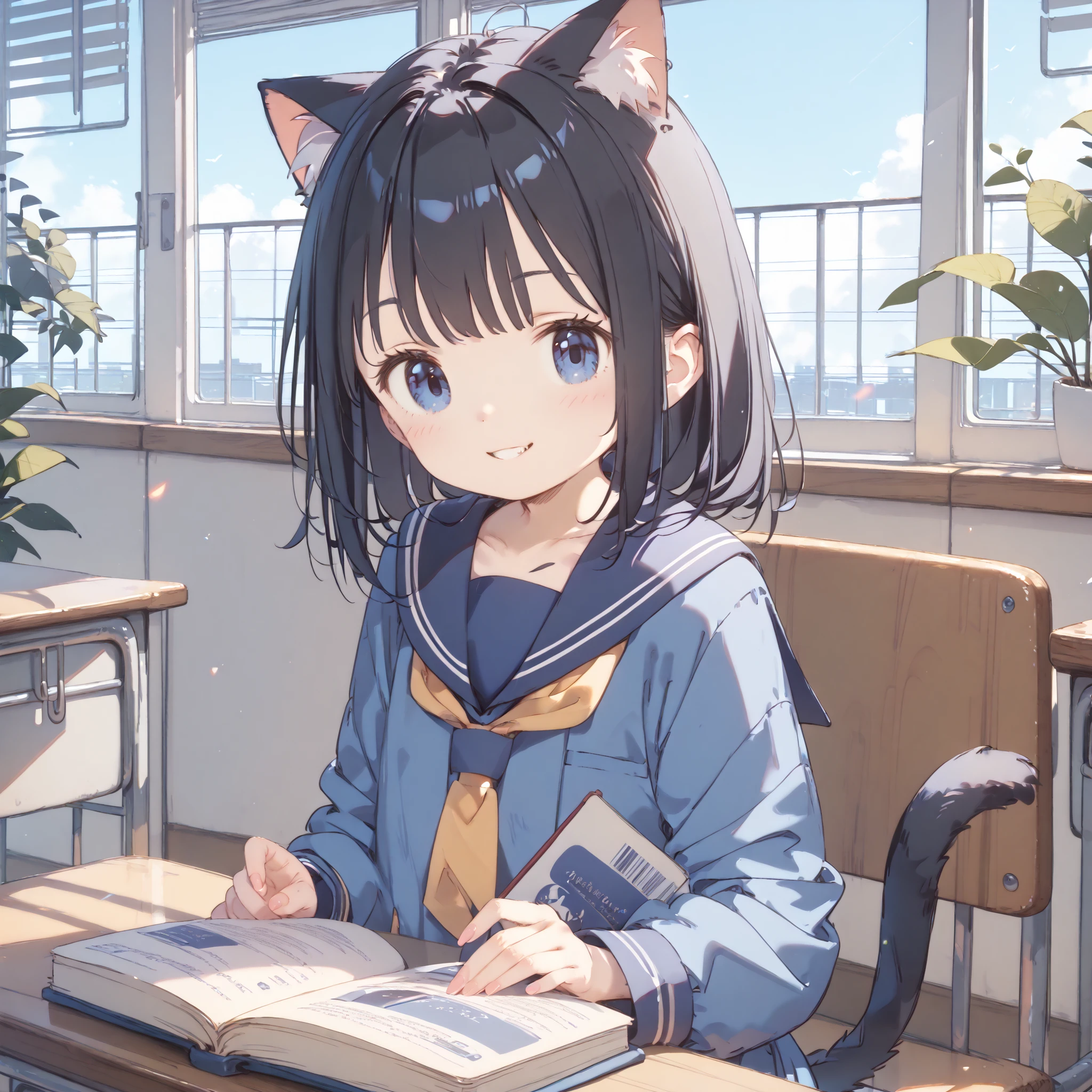 high image quality、High Quality、8k、4k、Young girl、Juvenile body、Cat ears、 cat tail、sailor suit、school classroom、Interval、sit on a chair、The leatherbound book 、Reading、 Smile、black hair、blue eyes、