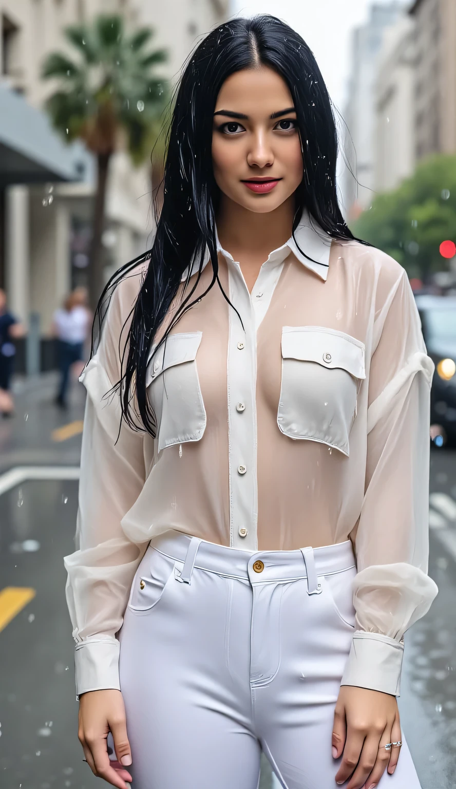 a beautiful woman, standing in the middle of the city during heavy rain, shirt looks full body, body facing the camera, transparent white color casual shirt, underwearless, wet shirt , trousers leggings white color, big g-cup, tubuh basah, wet hair , tubuh sexy, bibir merah, seductive face