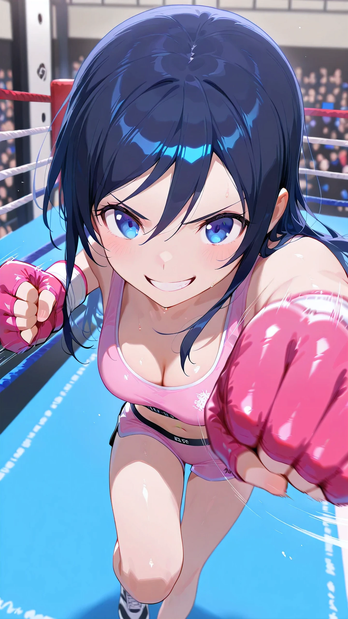 ayase aragaki, long hair, blue eyes, black hair, solo, Detailed eyes, pink sports bra, pink sports very short spats, pink fingerless gloves, thigh, cleavage, slim long legs, medium breast, serious grin, looking at viewer, Detailed eyes, Detailed face, from above, portrait,
p4nch, punching, clenched hand, motion lines, motion blur,
boxing ring, spectator seats, (depth of field).