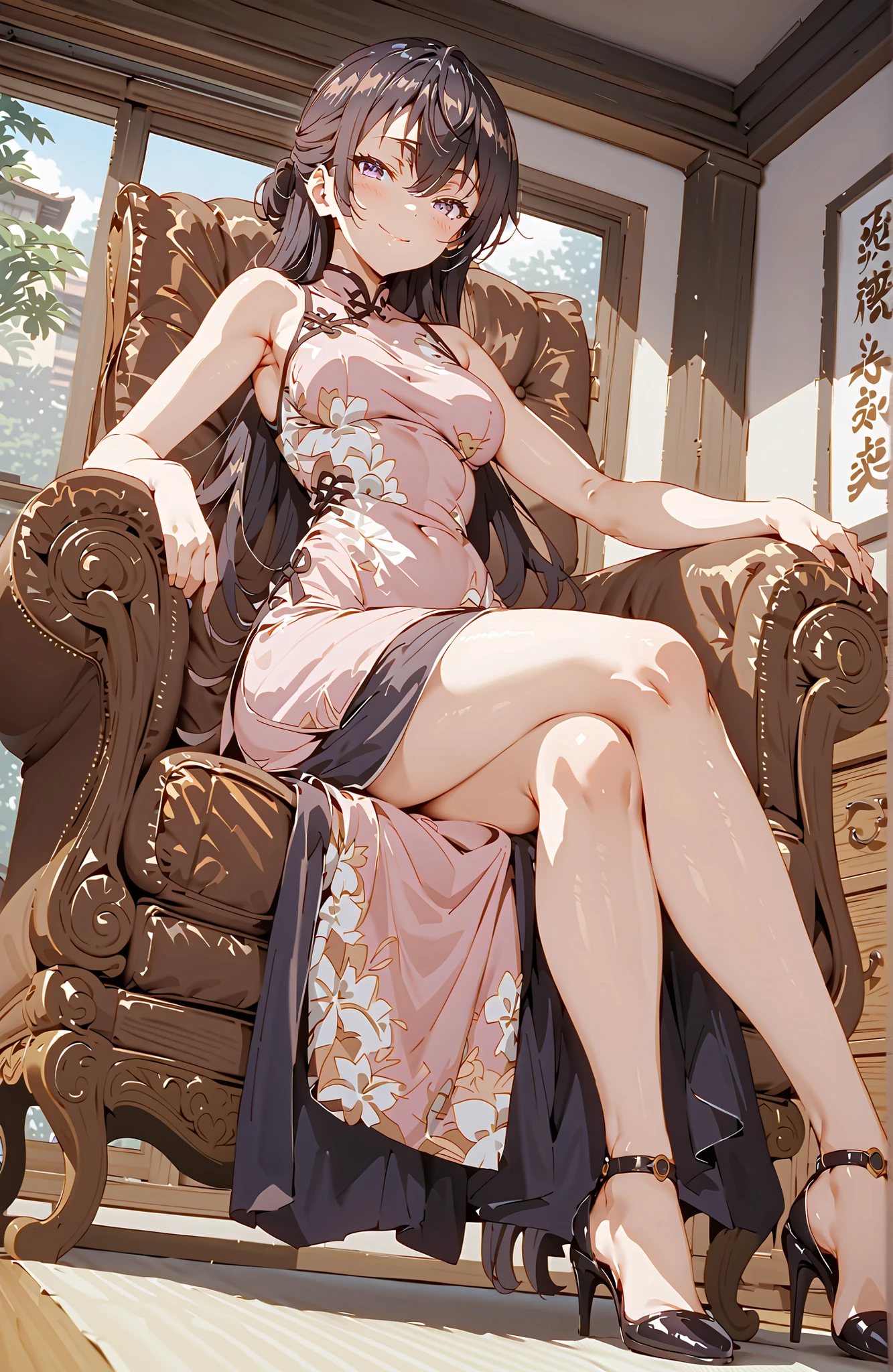 score_9, score_8_up, score_7_up, source_anime, yuki suou, long hair, bungs, brown hair, black hair, o, Medium breast,Purple Eyes, half updo,Purple Chinese Dress,sleeveless at the beach,Side Long Slit,pin heels,Seated in a Gorgeous Chair,Crossed Legs,smile,blush,grinning,angle from below,full bodyがイラストに入るように,China,in their 40s indoors,living room,
in their 40s looking at viewer,full body,
in their 40s (masterpiece:1.2),Highest Quality ,Kampala,unity 8k 壁紙,(shape:0.8),( fine and beautiful eyes :1.6),It's a person ,full body写真,CG Details , (perfect hand in h,complete anatomy),
