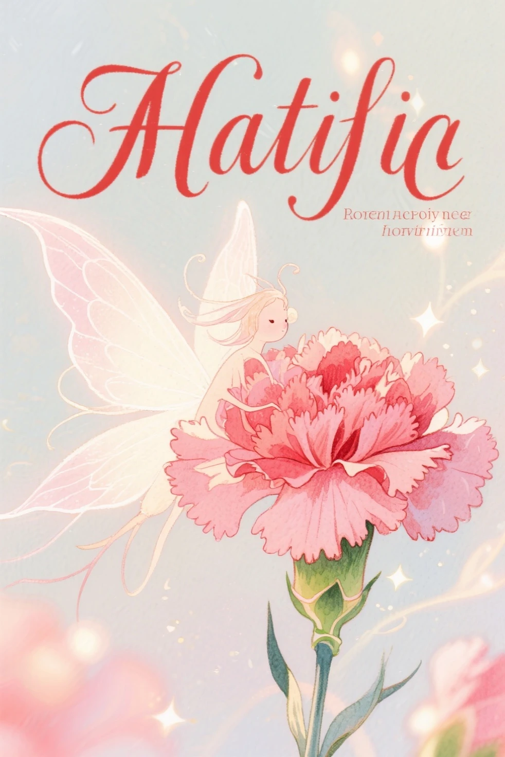 Poetry collection, carnation image, red letters, fairy illustrations,