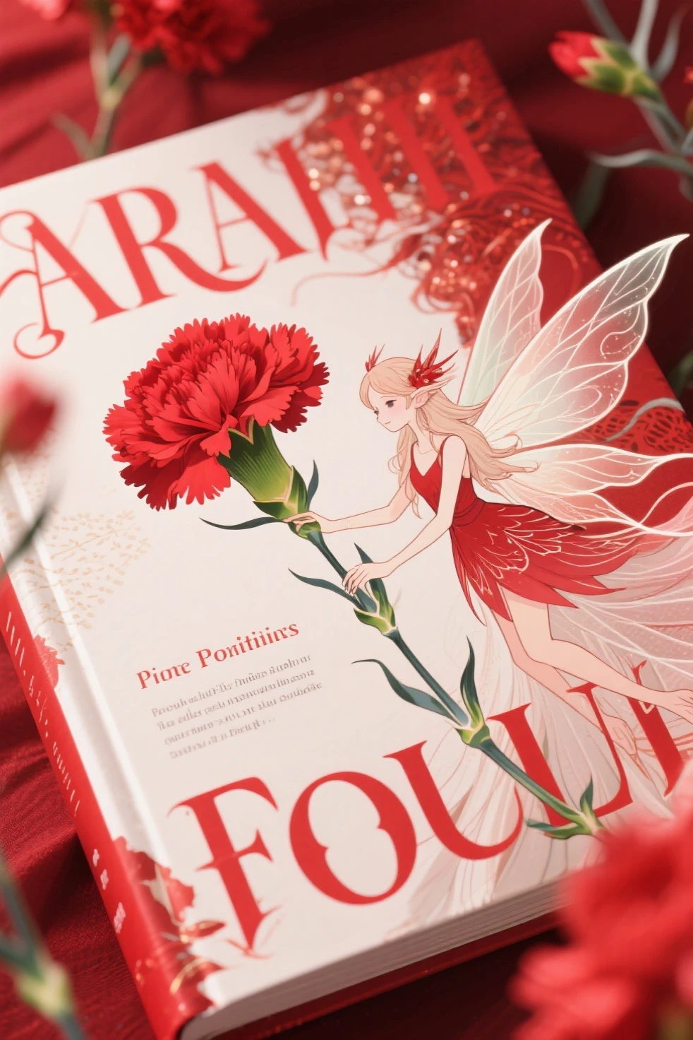 Poetry collection, carnation image, red letters, fairy illustrations,