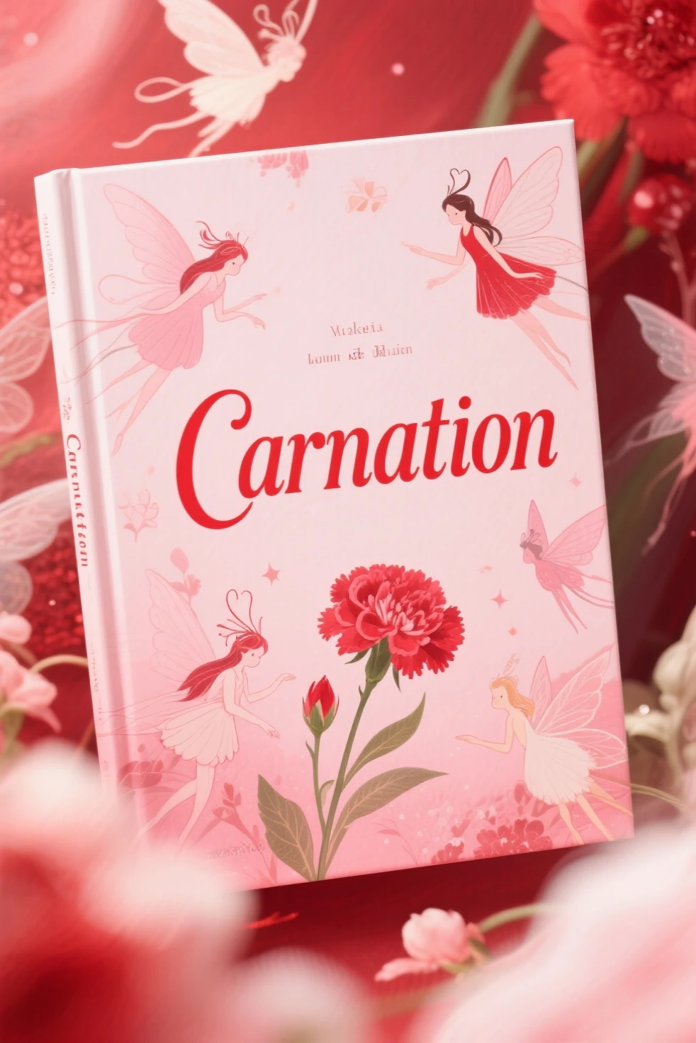 Poetry collection, carnation image, red letters, fairy illustrations,