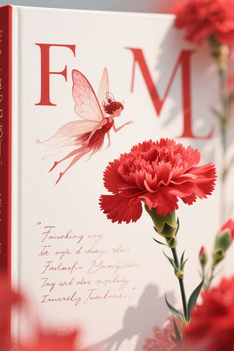 Poetry collection, carnation image, red letters, fairy illustrations,