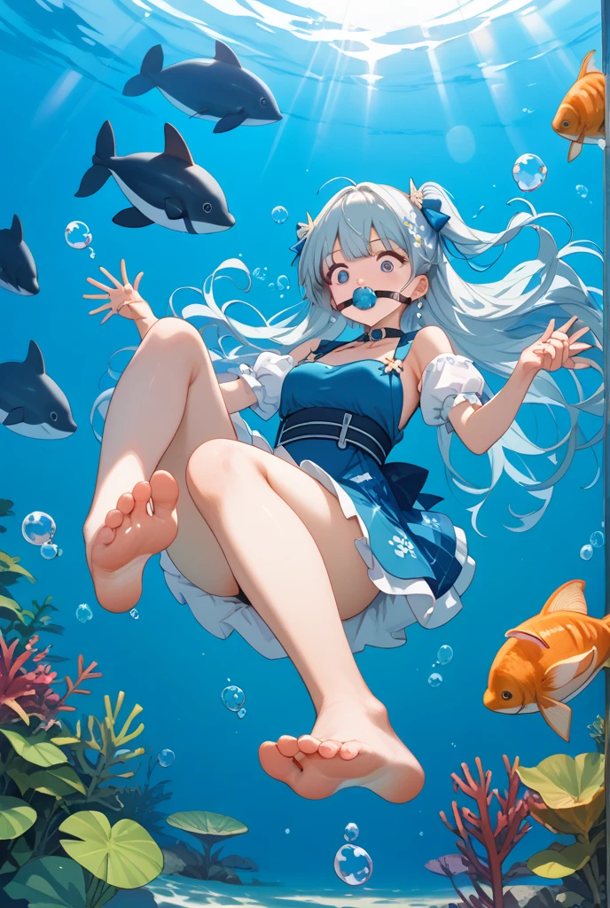 Agile swimsuit、cabelos curtos、messy blue hair、small head、grandes olhos azuis、Olhar desesperado、Teary、Yodare、Adorable A Girl、Polvo Gigante、multiple eyes、Pernas de polvo gigantes saltam sobre uma menina、A giant octopus foot attacks a girl's crotch、Ahe Menina Face