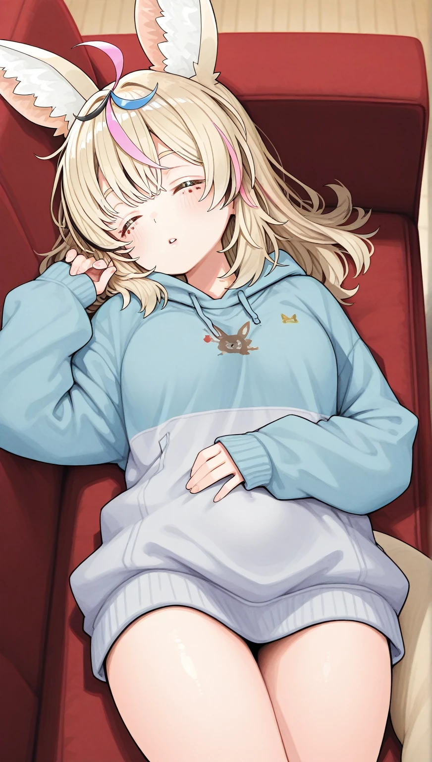 (masterpiece, sidelighting, finely detailed beautiful eyes: 1.2), masterpiece*portrait, realistic, 3d face, lustrous skin,eating ice cream, <lora:lycorisRecoilWalnut_v10:1>,1girl,solo, arms,blonde hair, long hair, hood, blue eyes, barefoot, hoodie, hairband, ribbon, white hoodie,looking at viewer, monitor, blush,lying,