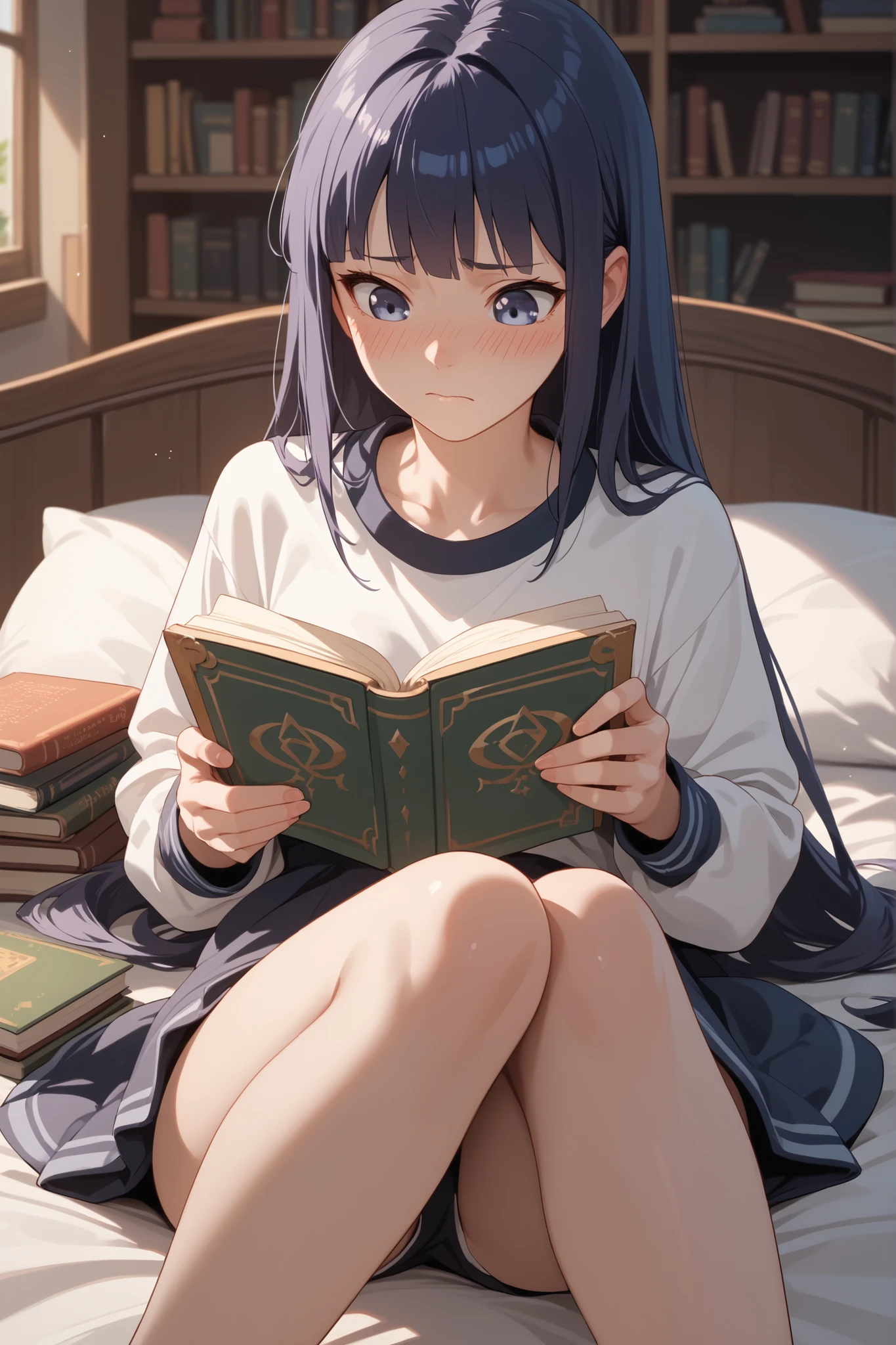 Hinata embarrassed, reading a book in secret, the book is orange and short, she is sitting on the bed in the bedroom, Seen from the distance,
